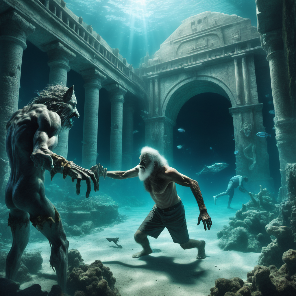 Deep Underwater City's  ruins of Atlantis.  in foreground a front view of a  Wolfman  reach out  a helping  hand to  a sick lost old man 