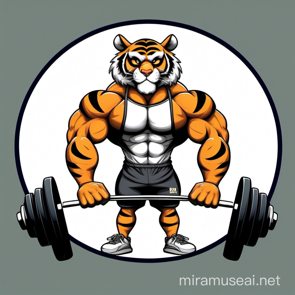 Determined Cartoon Tiger Exercising Biceps in Gym Outfit