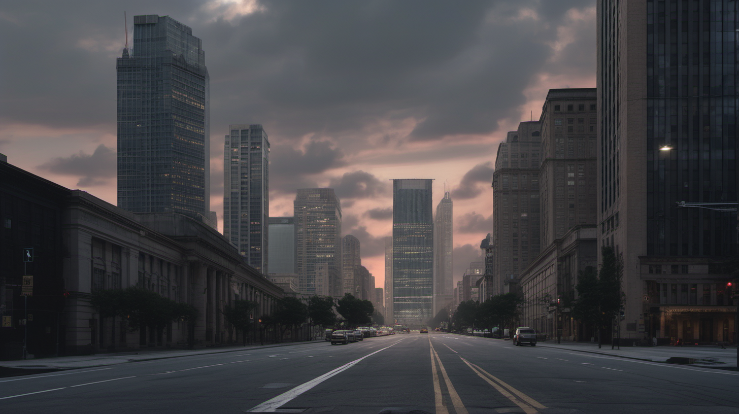 Downtown in a deserted large city at dusk, at ground level, skyscrapers all around, a cloudy sky, a street stretching into the distance.