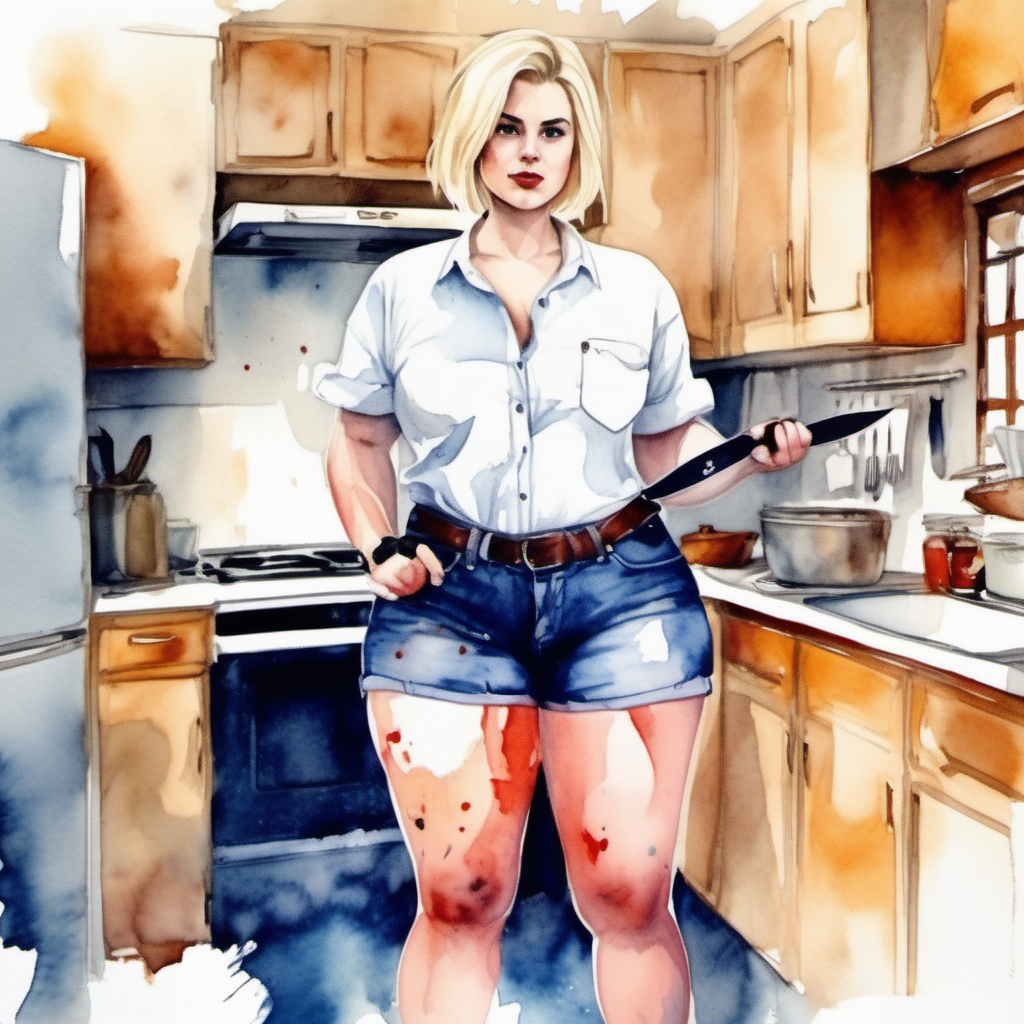 Image pov by curvy  blonde woman ,short hair wearing a jeans short and white shirt  wearing boots , big ass,wide hips,with a knife in the hands stand, full body,   on the kitchen, image based in watercolor paint.