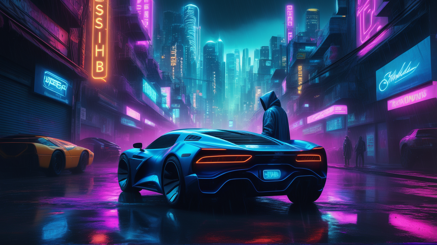 "A hyper-realistic photograph depicts a cyberpunk rendition of a future metropolis at night. The scene centers on a hooded figure, exuding an aura of mystery, standing by a futuristic sports car that gleams with metallic hues under the ambient neon lights. Above in the dense urban jungle, neon signs cut through the misty air, with the word 'SHIB' prominently displayed, signifying the cryptocurrency's integration into the fabric of society. The rain-slicked streets reflect the myriad of neon, including the bright 'SHIB' logos that illuminate the surroundings with a cool electric blue, adding depth and brilliance to this nocturnal urban landscape."

make the hooded man more mysterious
