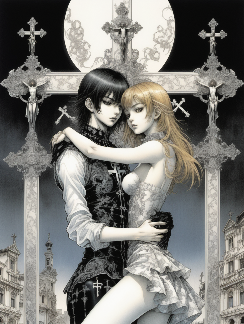 Ilustracion de Takeshi Obata surrealista con motivos barrocos. Tiene una pose artistica, esta abrazando a otra chica. Hay cruces goticas gigantes de fondo