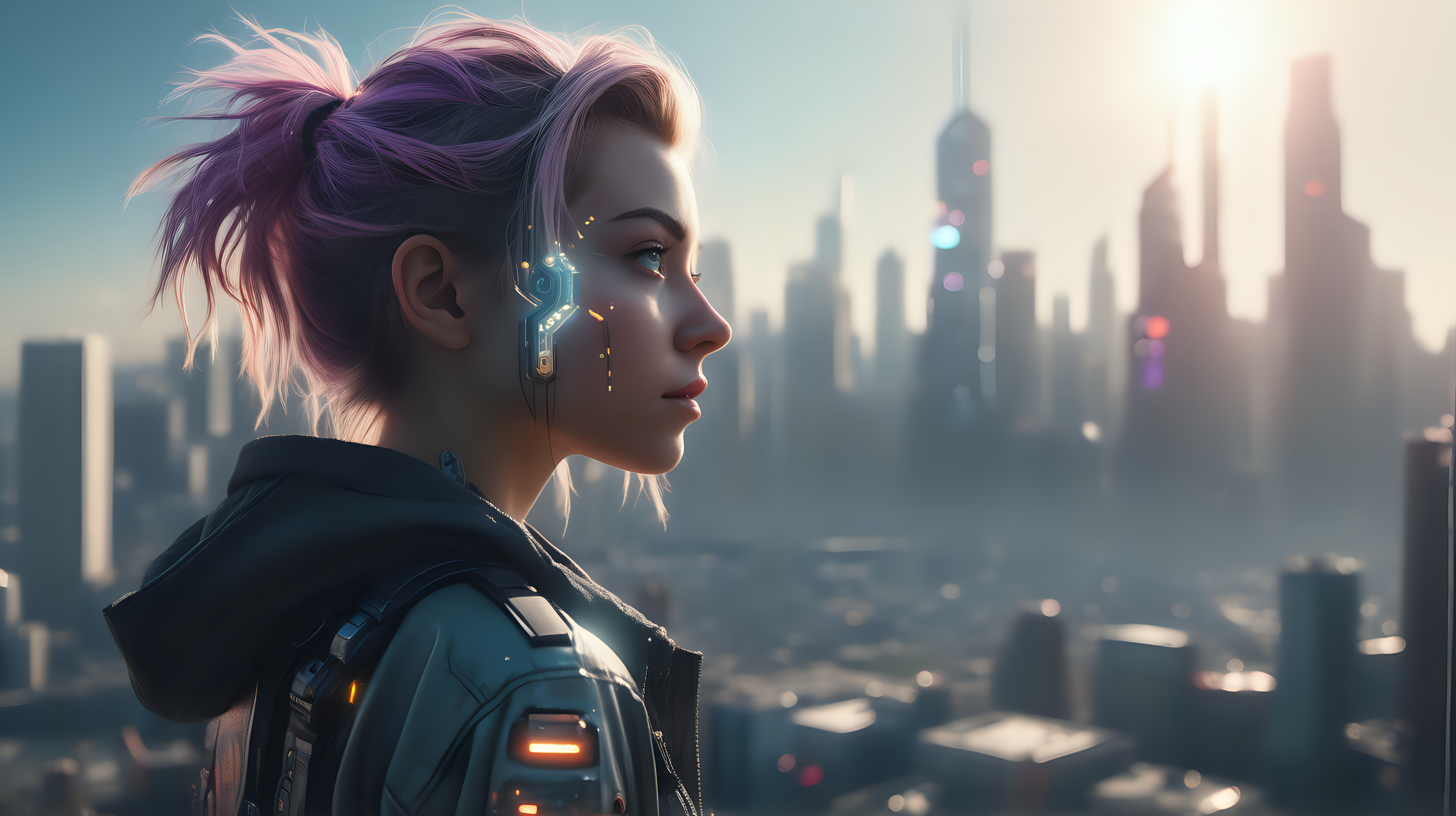 Dystopian, High Detail RAW color Photo, Full Shot, (cute female), standing on an overlook, looking out at sprawling cyberpunk city skyline, perfect face, (highly detailed, fine details, intricate), (lens flare:0. 5), (bloom:0. 5), raytracing, specular lighting, shallow depth of field, 200mm lens, hard focus, smooth, cinematic film still