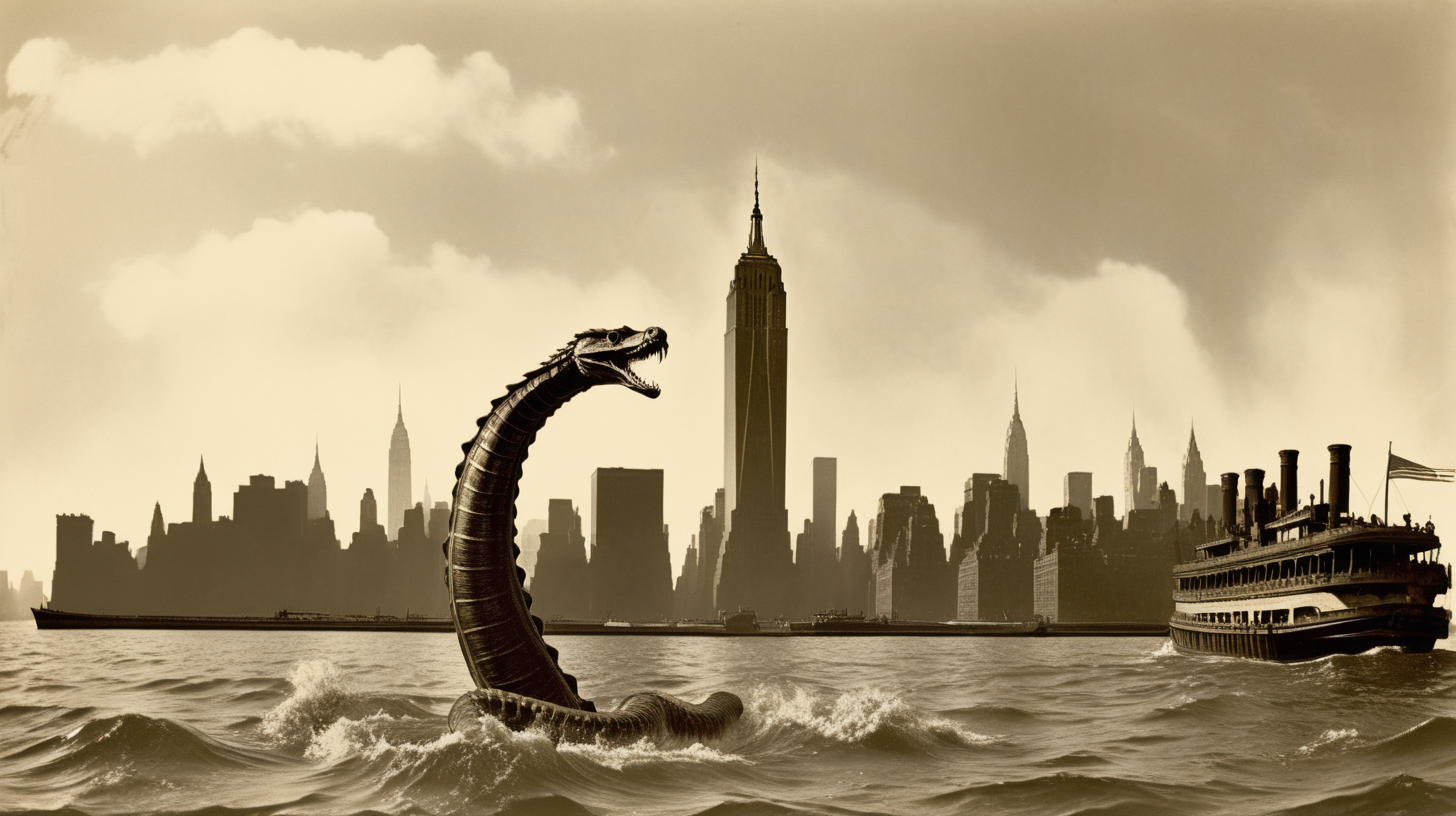 3 horned sea serpent destroying 1900's NYC skyline