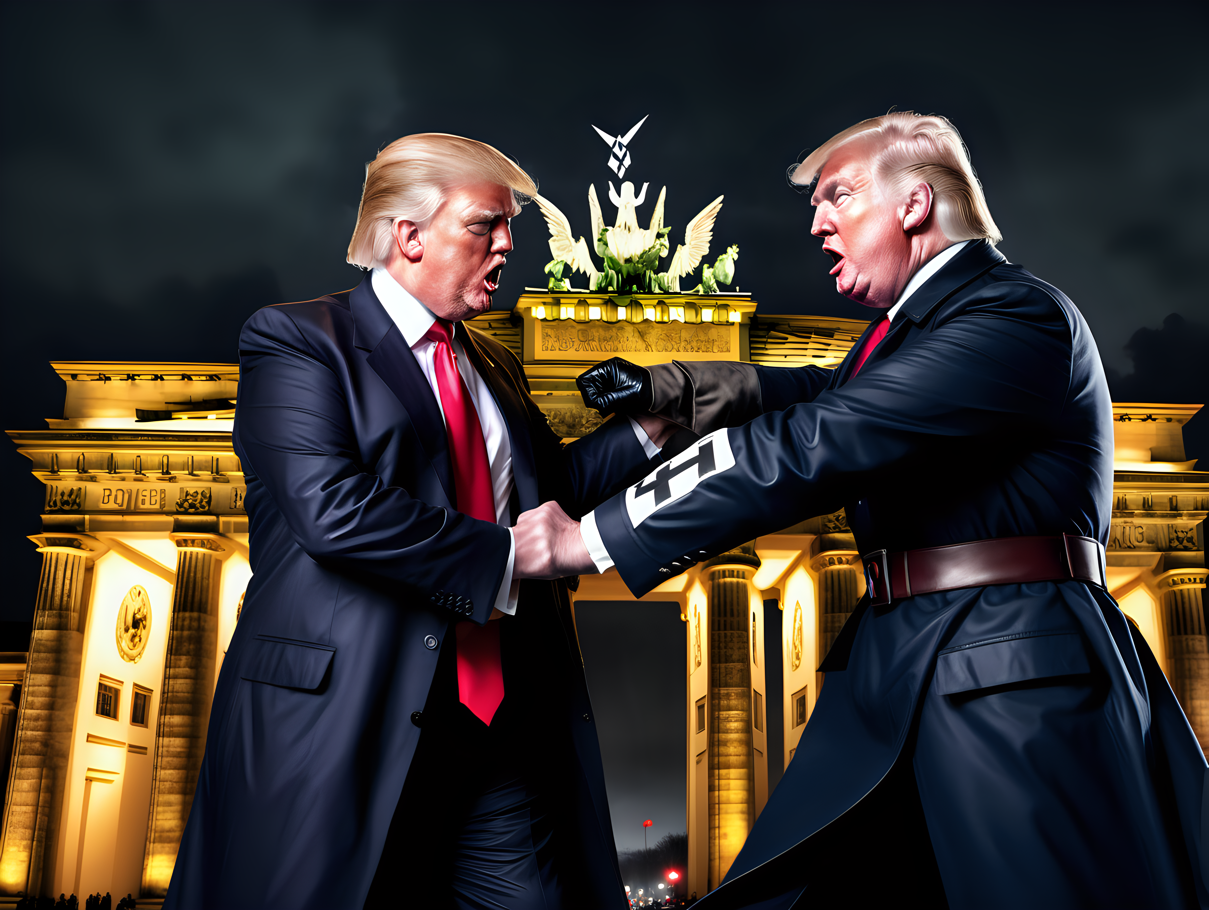 Donald Trump in a Nazi uniform fighting Dracula at night  in Berlin