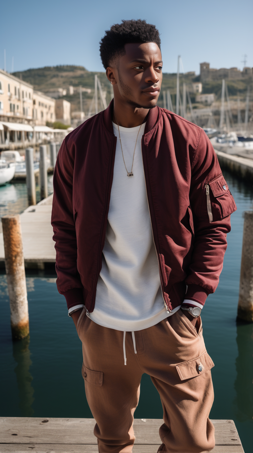 A handsome, young, African American man, wearing short, black hair, wearing a Maroon, cut and sew, bomber jacket, standing by the docks of Sicily in the background, Facing  the camera, wearing a light, pine colored, linen, dress shirt, wearing a white tee-shirt, wearing Taupe Brown, Corduroy joggers, lighting is over the right shoulder, from behind, pointing down, ultra 4k, render, high definition, light shadowing