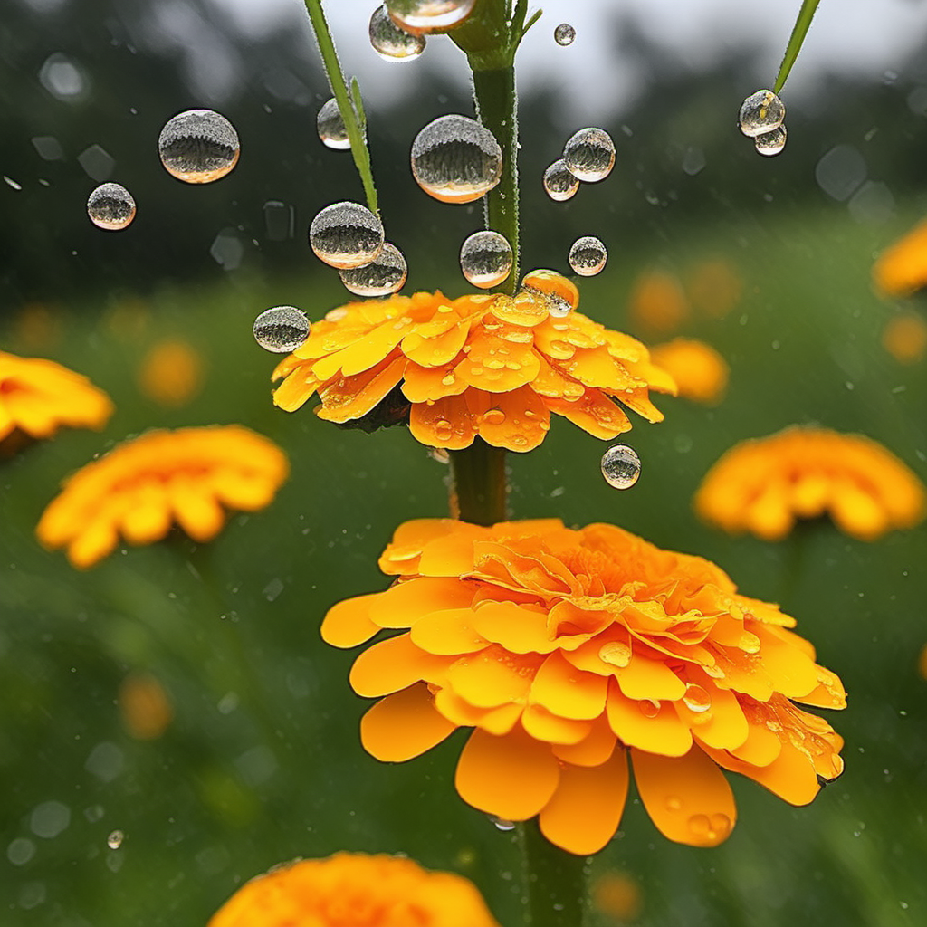 combine dew drops with marigold flowers
