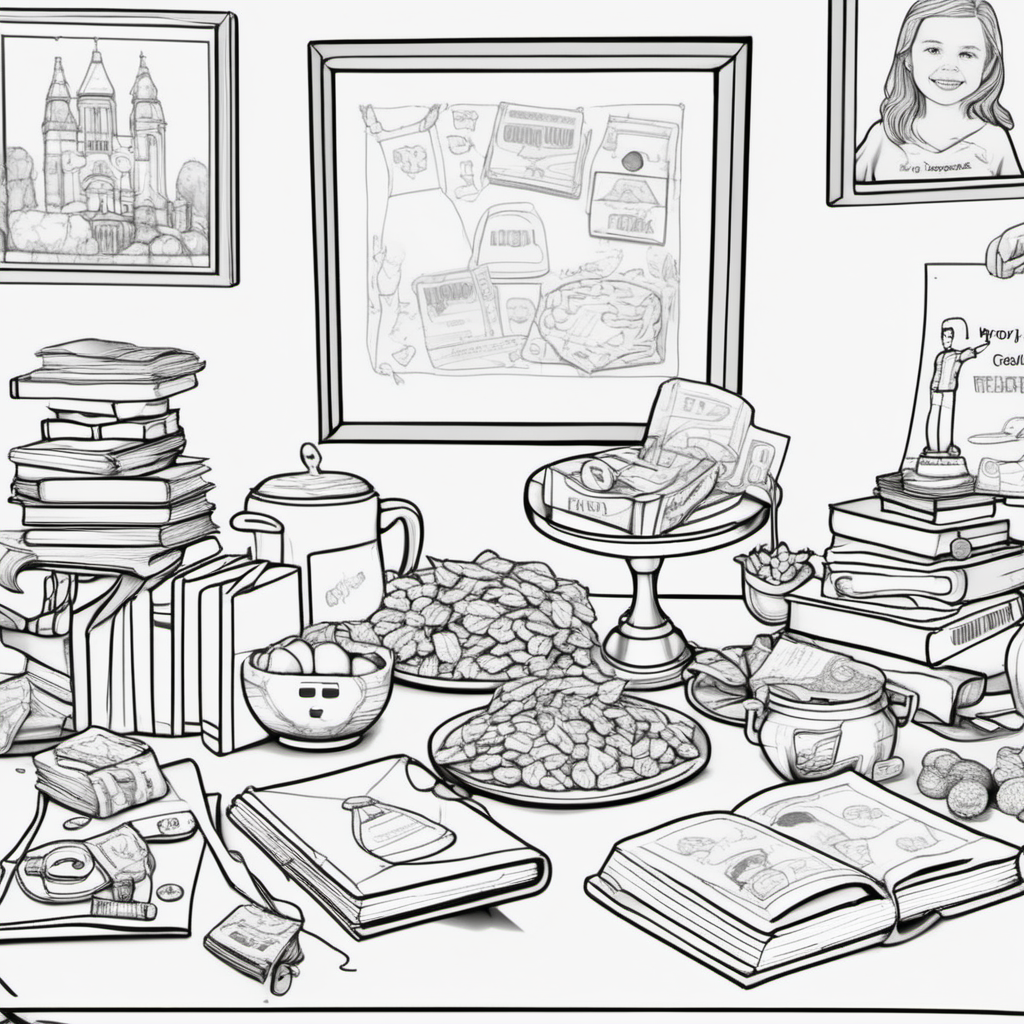create an image without color for a kids' coloring book of a room with food on a table, trophies, graduation gown and cape, books, an xbox and money