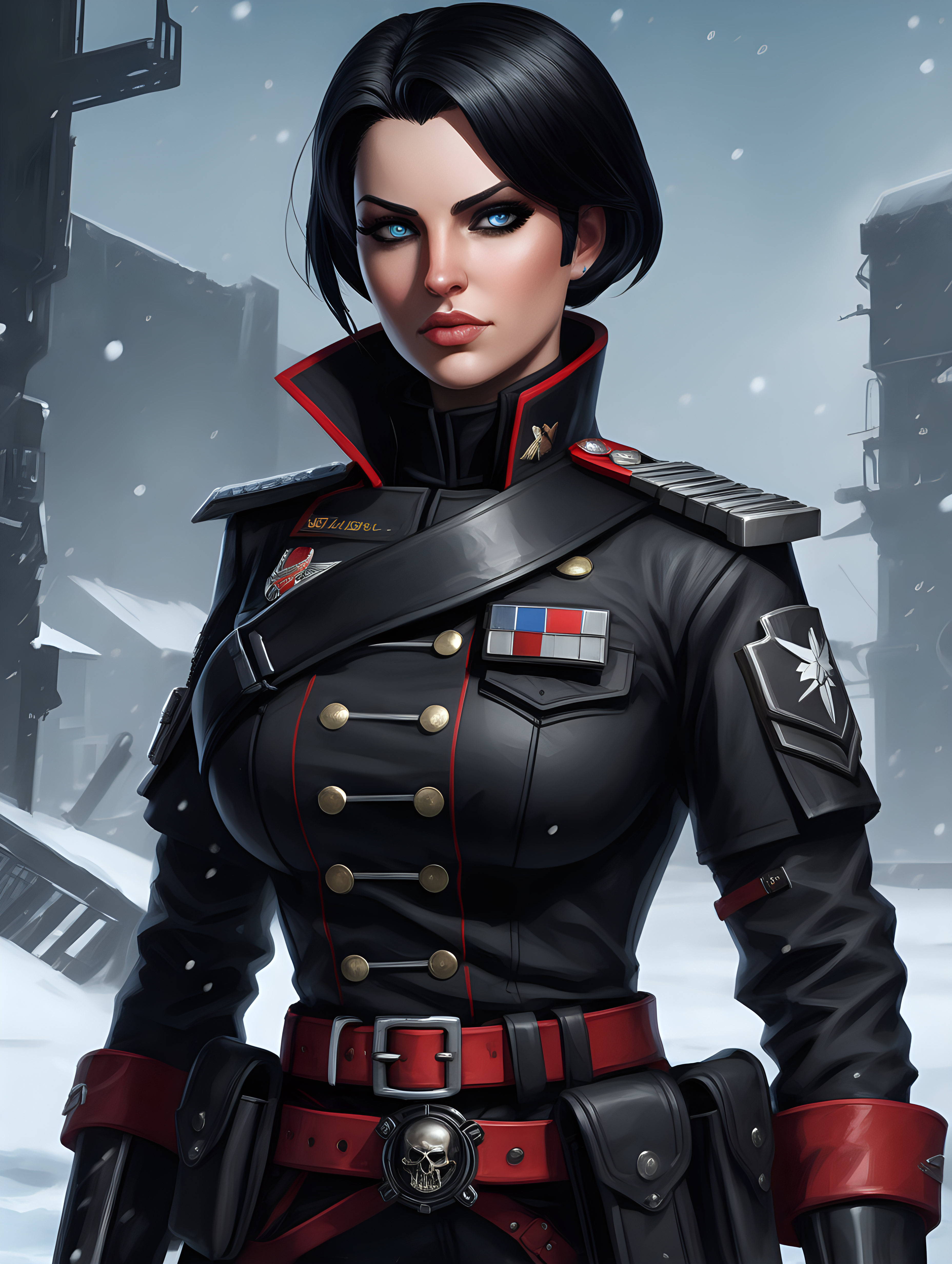 Warhammer 40K young busty Commissar woman. She has an hourglass shape. Her face looks like female Commander Shepard from Mass Effect. She has raven black hair. She has a very short hair style similar to what Zofia, from Rainbow Six Siege, has. Dark black uniform. Belt has a lot of pouches, grenades, black pistol magazines, and a black holster attached. Bandolier around waist. Her dark black uniform jacket fits perfectly, fully closed and a single line of buttons. She has a lot of eye shadow. Background scene is snowy trench line. She has icy blue eyes.