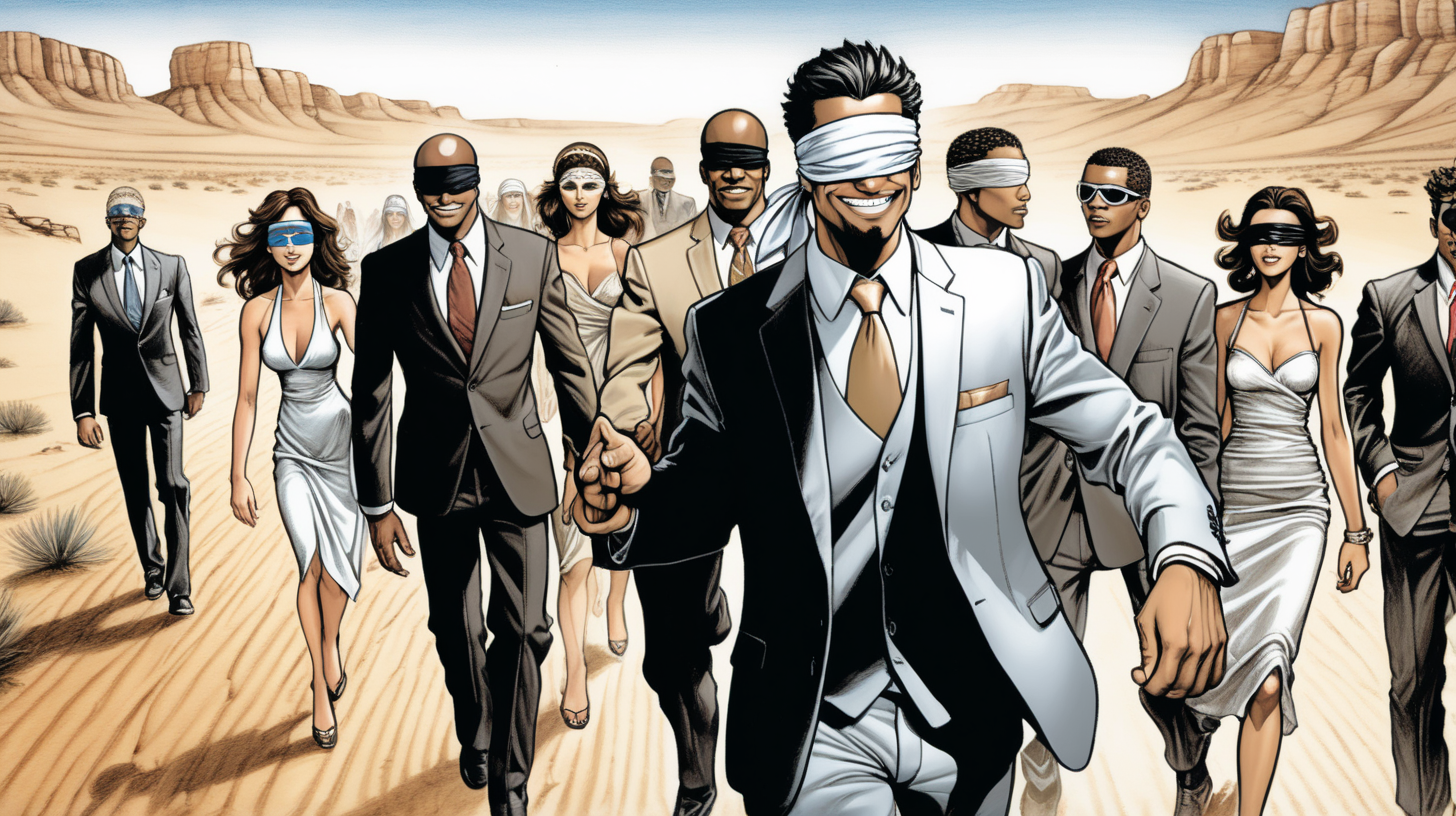 a blindfolded  man with a smile leading a group of gorgeous and ethereal white and black mixed men & women with earthy skin, walking in a desert with his colleagues, in full American suit, followed by a group of people in the art style of Laura Braga comic book drawing, illustration, rule of thirds
