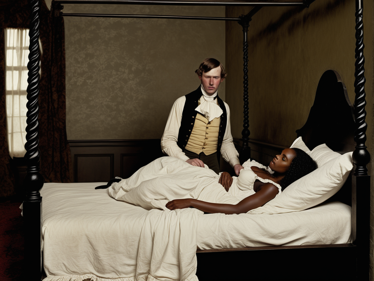 1800s white man with Black woman slave in bed