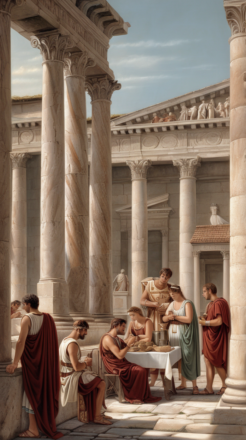 [Transition to a depiction of ancient Roman daily life]
