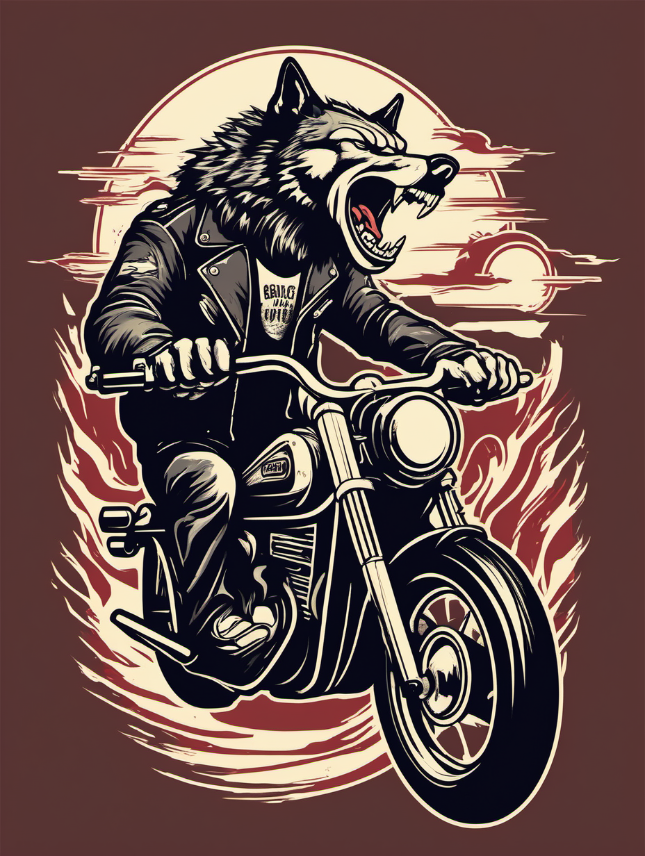 roaring wolf on a motorcycle chaser tshirt design