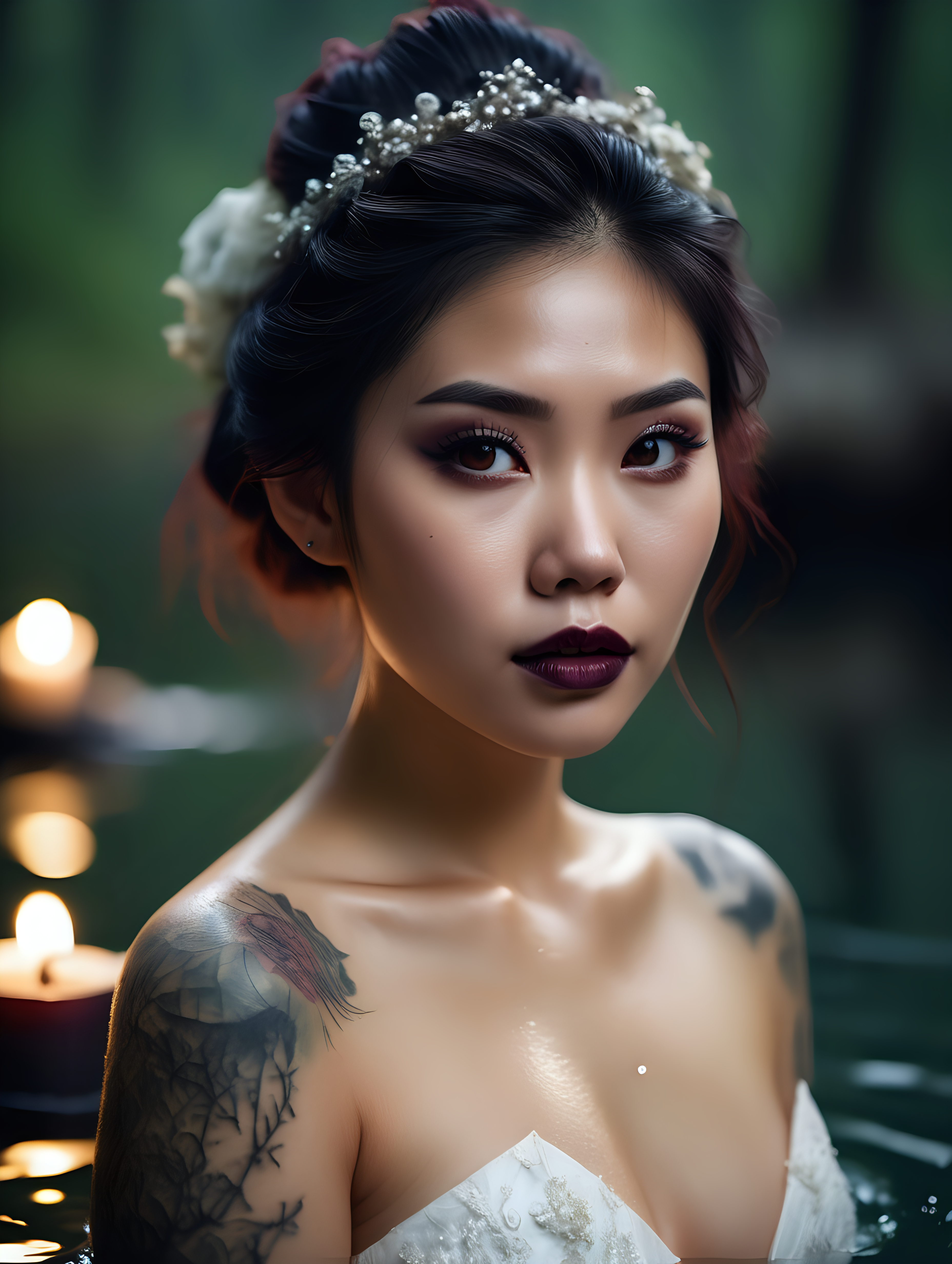 Beautiful Vietnamese woman, body tattoos, dark eye shadow, dark lipstick, hair in a messy updo, wearing a gorgeous wedding dress, bokeh background, soft light on face, swiming chest deep in a lake in front of elaborate candlelit forest wedding, photorealistic, very high detail,  extra wide photo