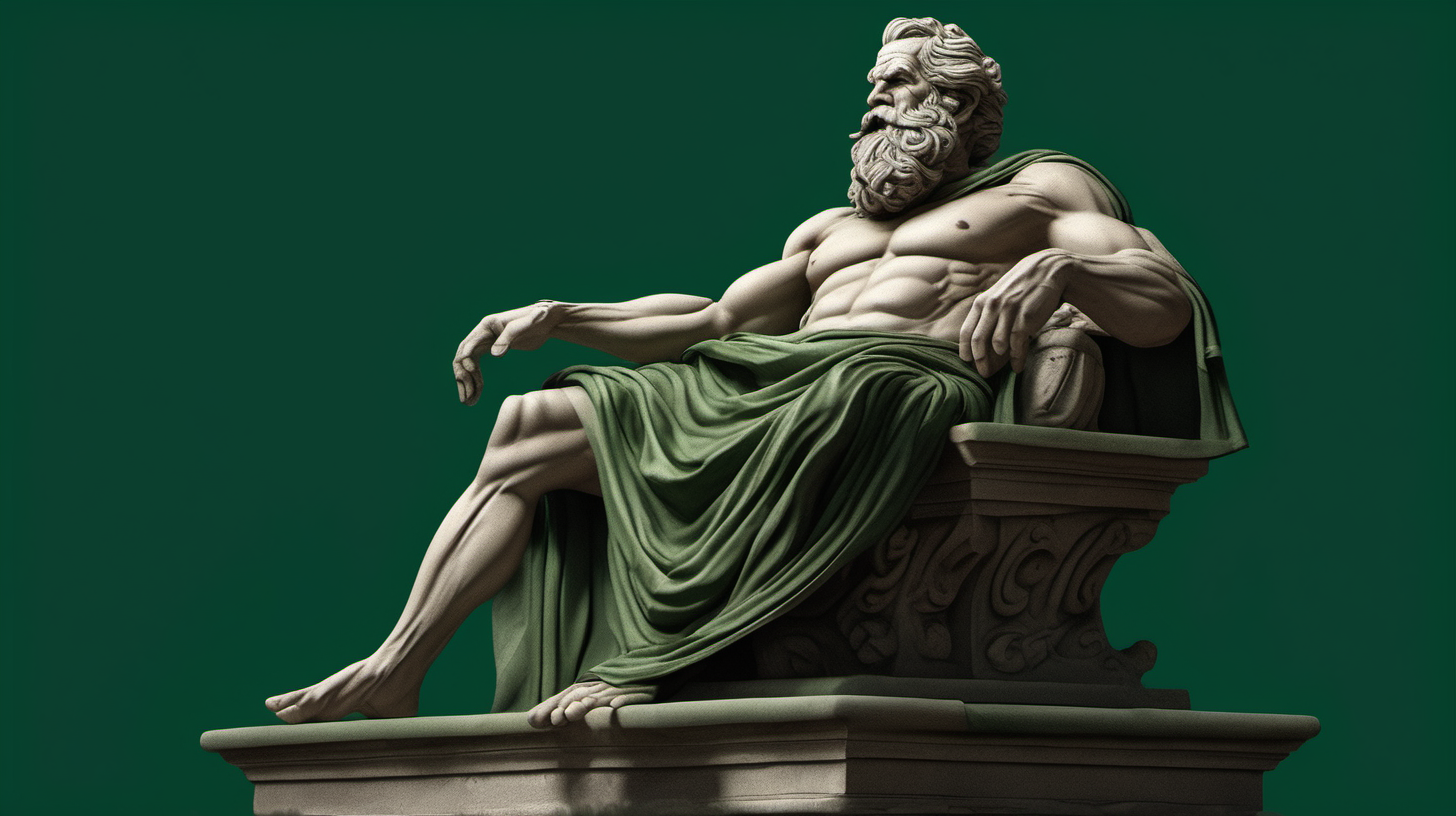 Create a visually stunning and detailed AI-generated image of a Greek-inspired old man statue sitting on the stairs of a palace carved from dark green stone, featuring muscular physique, long flowing hair, a beard, and draped in a single cloth that elegantly hangs from one shoulder."
also dark green background.
