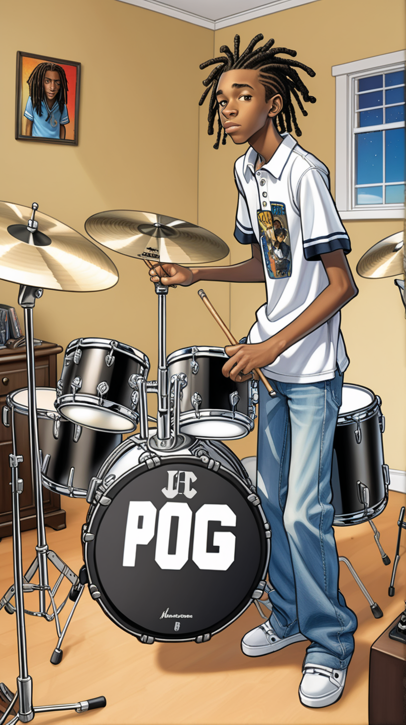 
comic-style 16-year-old black Jamaican teen boy who is tall with short dreadlocks wearing a polo shirt with jeans playing his drumset in his bedroom