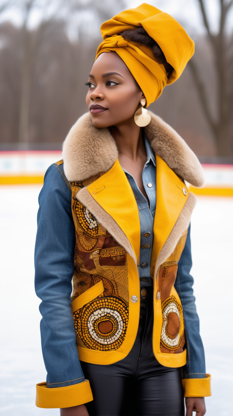 A beautiful black woman wearing an African printed fabric head wrap, Levi denim jacket, restyled into a three quarter length jacket, made of saffron yellow, lambskin leather, with African printed fabric inserted in various places, show Front, Back, and Side views with stainless buttons, with a fluffy brown mink fur collar, standing at an outdoor ice skating rink, with grey and blue shades and hues in the background