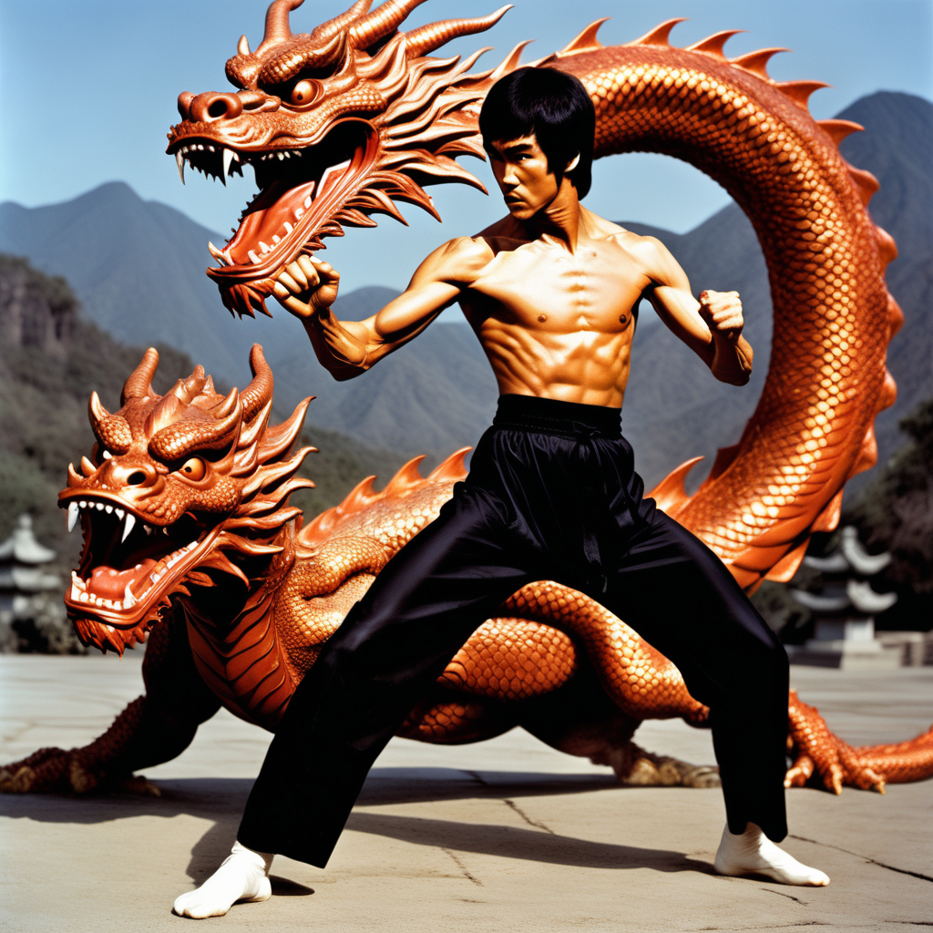 give me a picture of Bruce Lee in a fighting stance with a dragon in the background 
