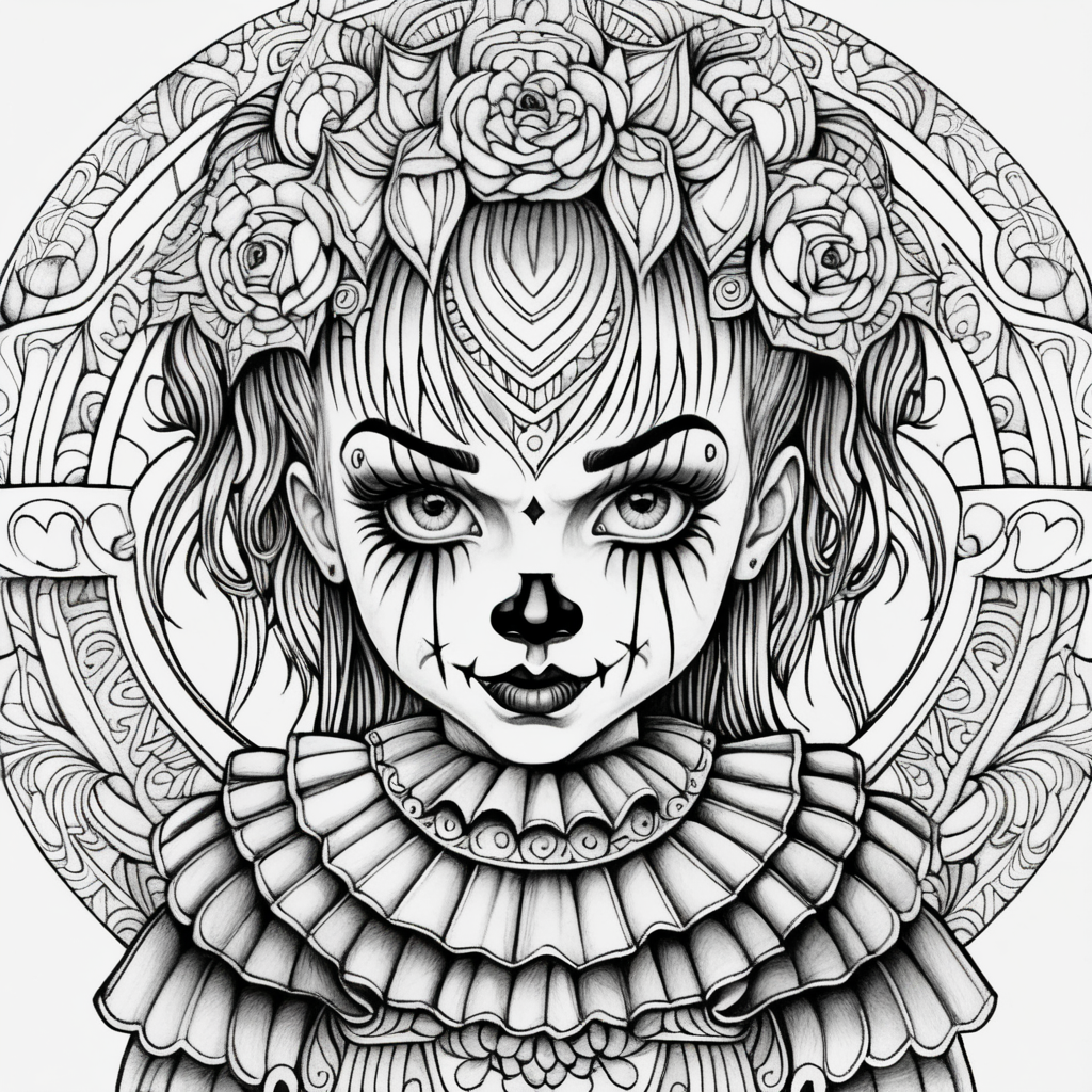 adult coloring page, black & white, strong lines, high details, symmetrical mandala, evil little girl clown 