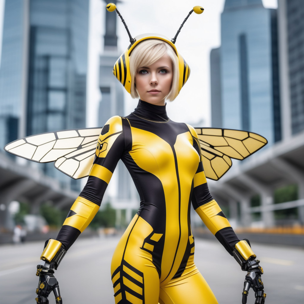 beautiful girl, short blonde hair, bee themed yellow and black skintight jumpsuit, robot arm, yellow and black olympic bow, yellow and black tech helmet with bee antlers, tech bee wings, shooting arrows, city, day