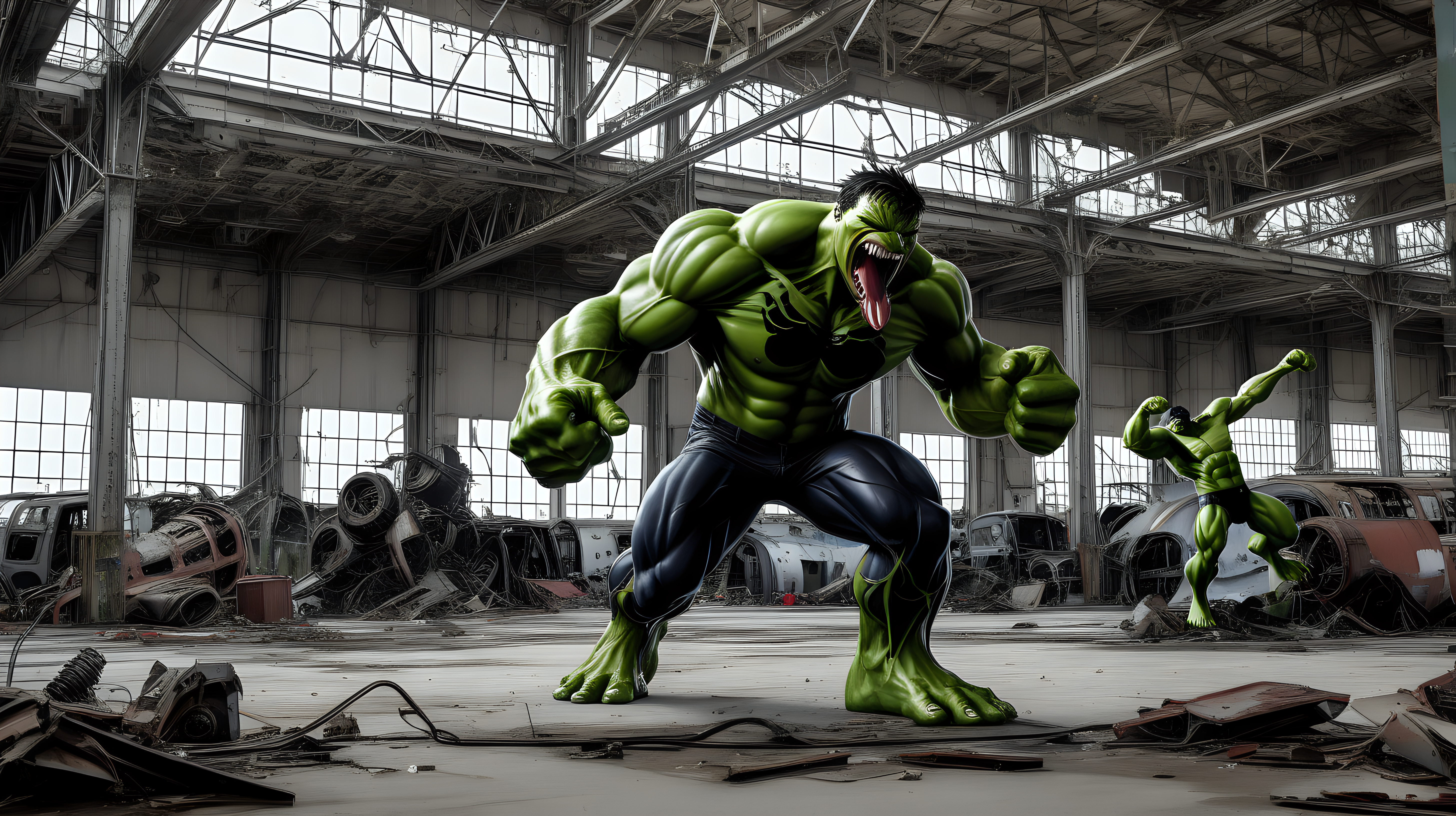 Venom fights the hulk in an abandon airplane factory