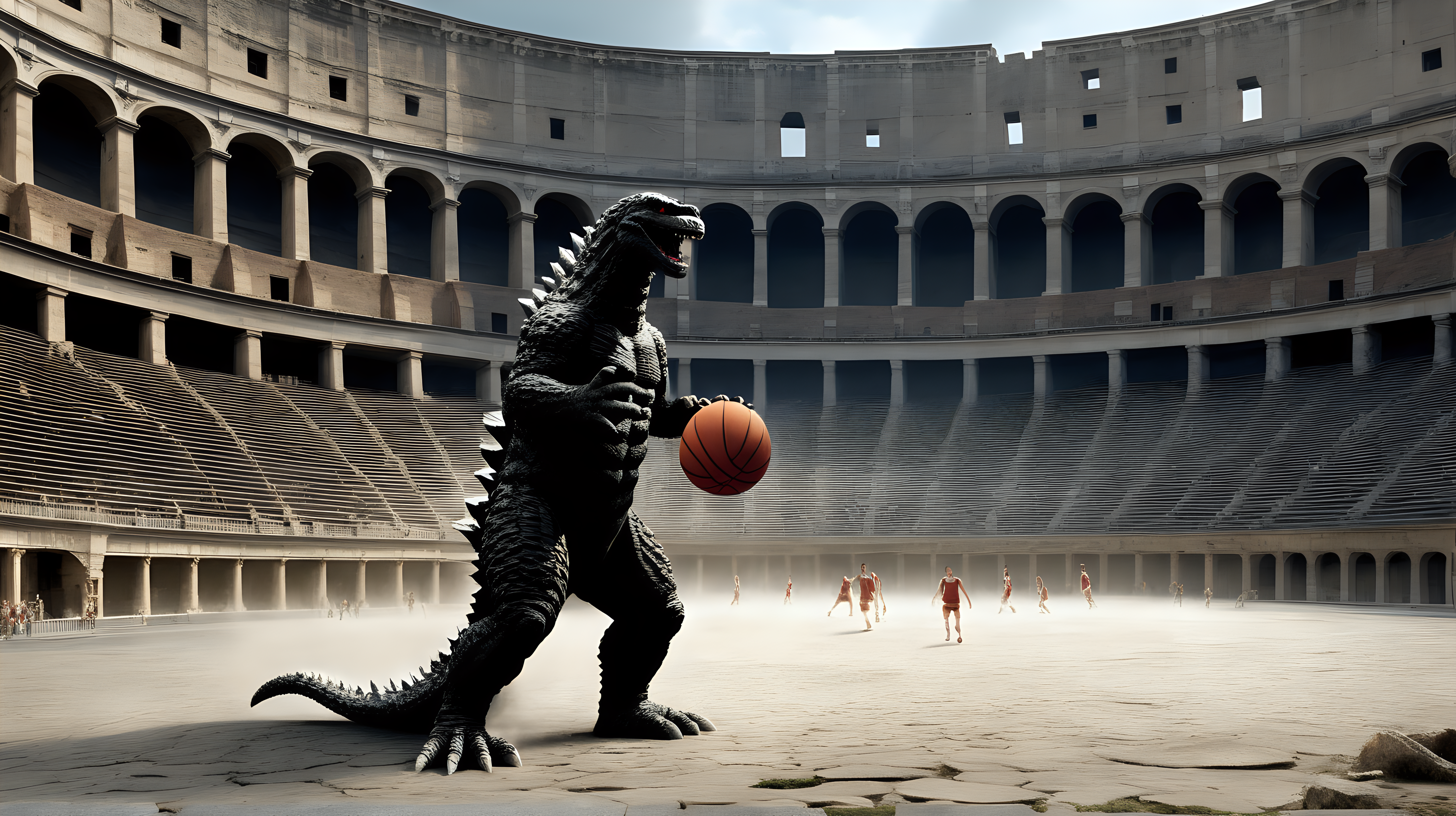 Godzilla playing basketball in the Roman coliseum