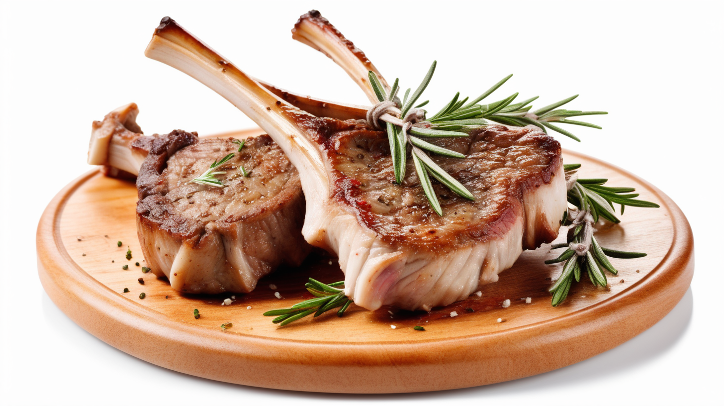 lamb chop with rosemary on wooden plate, isolated on white background