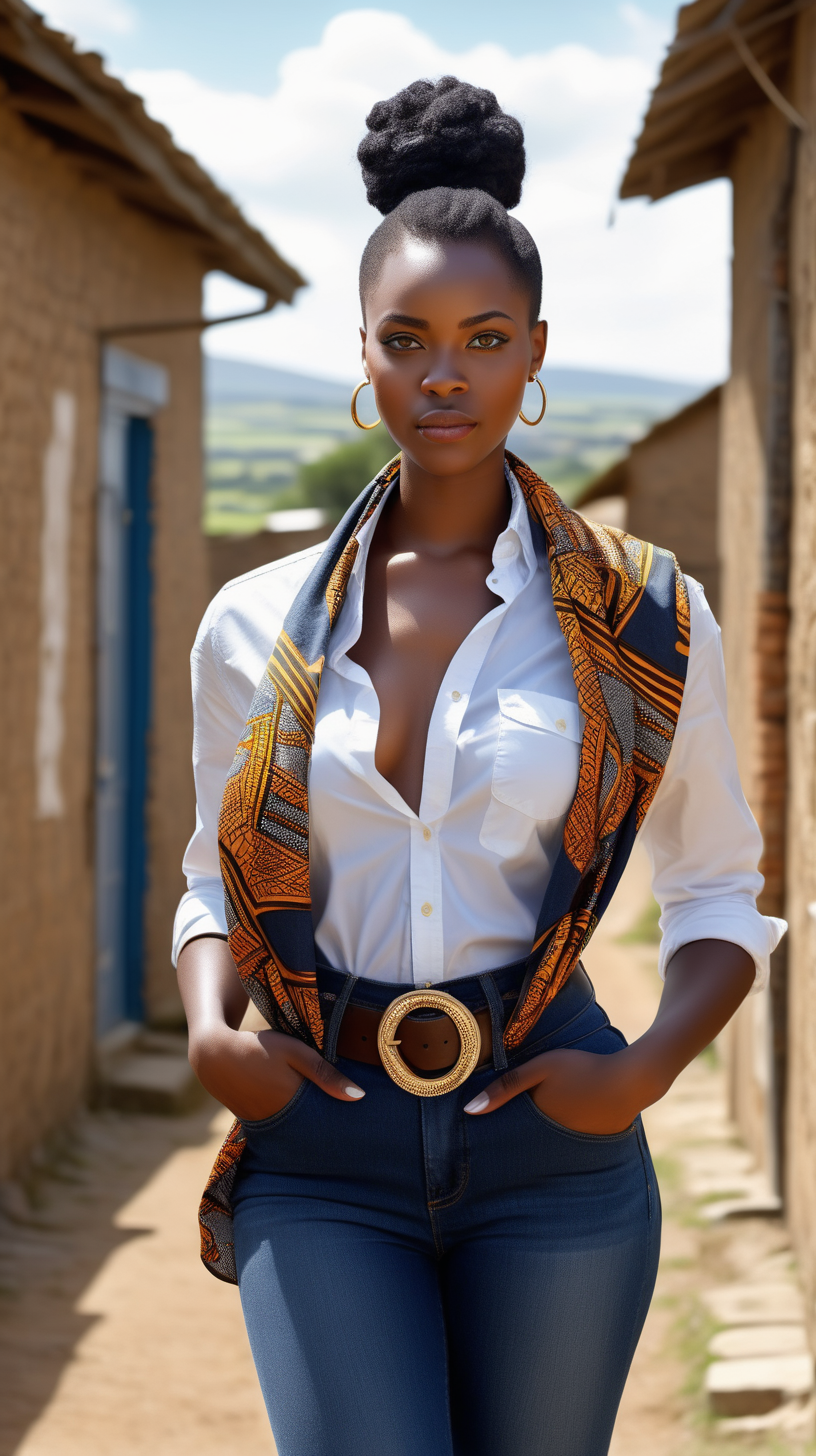 Beautiful Black woman, beautiful body, wearing denim capri jeans, wearing an oversized, African print belt, white, tailored, button down collar,  oxford shirt, wearing an African print shawl over one shoulder, view from the waist up, and straight ahead, standing in  village, 4k, high definition, high resolution