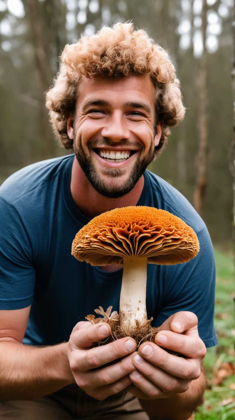 man holding lionsmane mushroom smiling