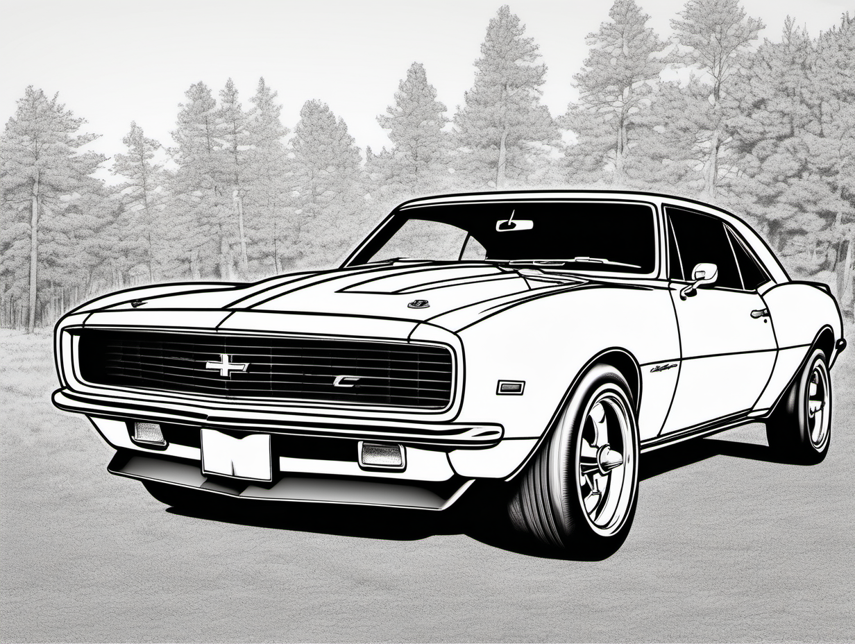 coloring page, classic American automobile, 1967 Chevrolet Camaro, clean line art, no shade
