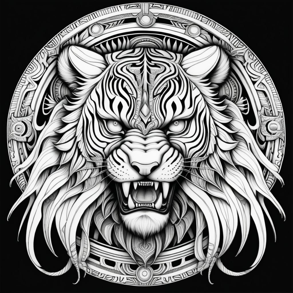 black & white, coloring page, high details, symmetrical mandala, strong lines, sabretooth tiger with many eyes in style of H.R Giger