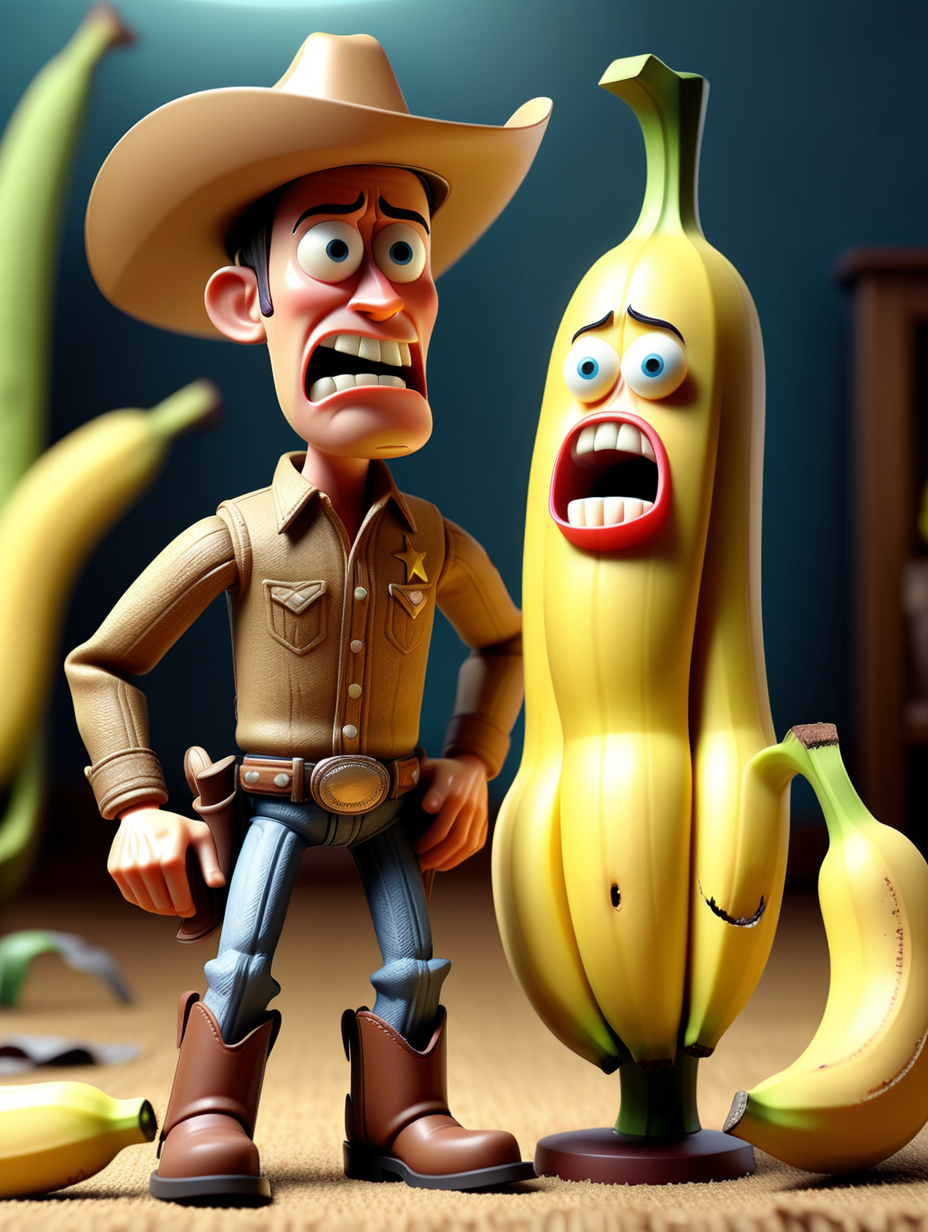 toy cowboy toy standing next to a giant banana that has a  mean face baring it's teeth, full body, with a very sad face frowning crying streams of tears, pixar style animation
