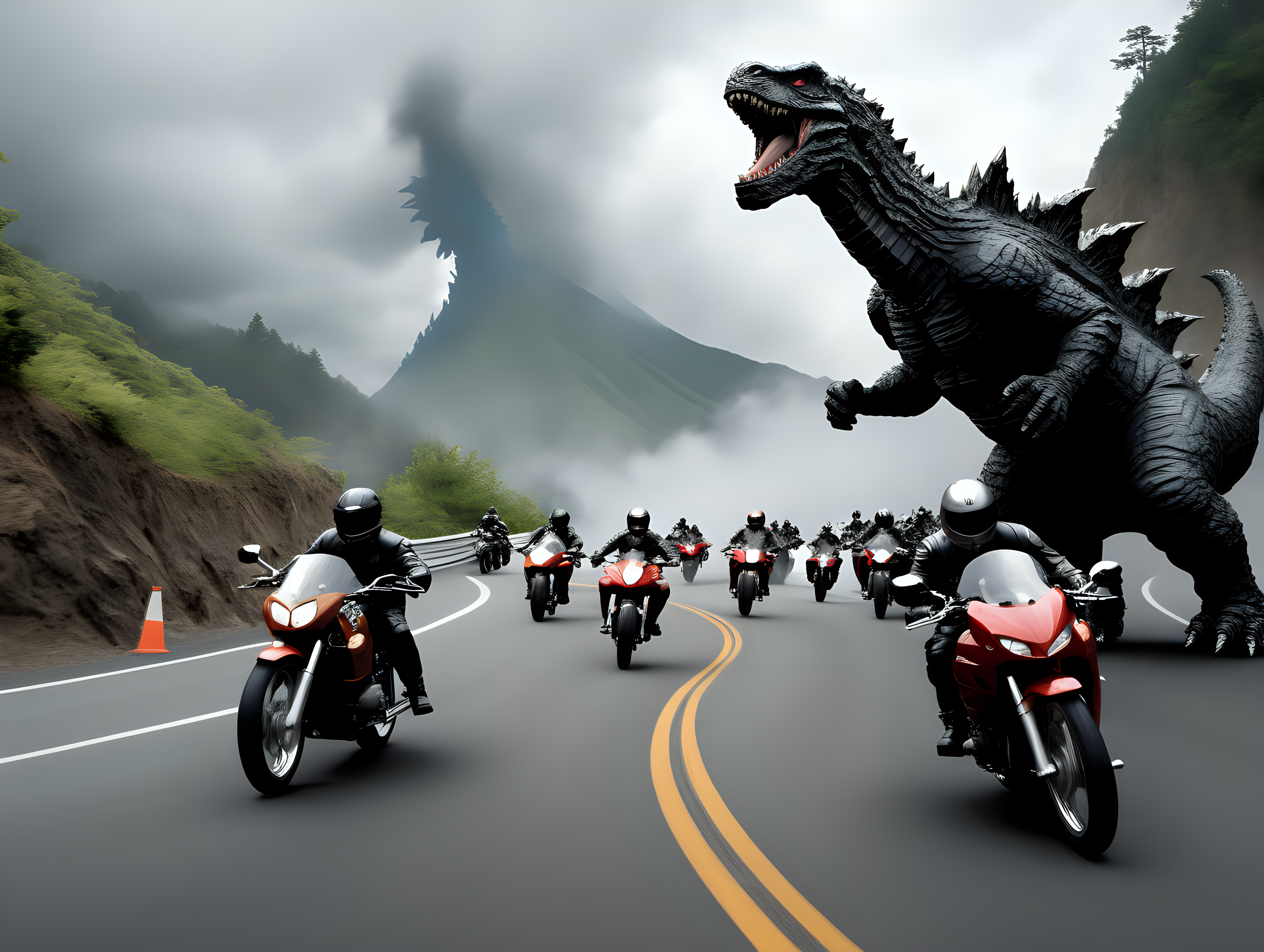 Motorcycles race on winding mountain road chased by Godzilla