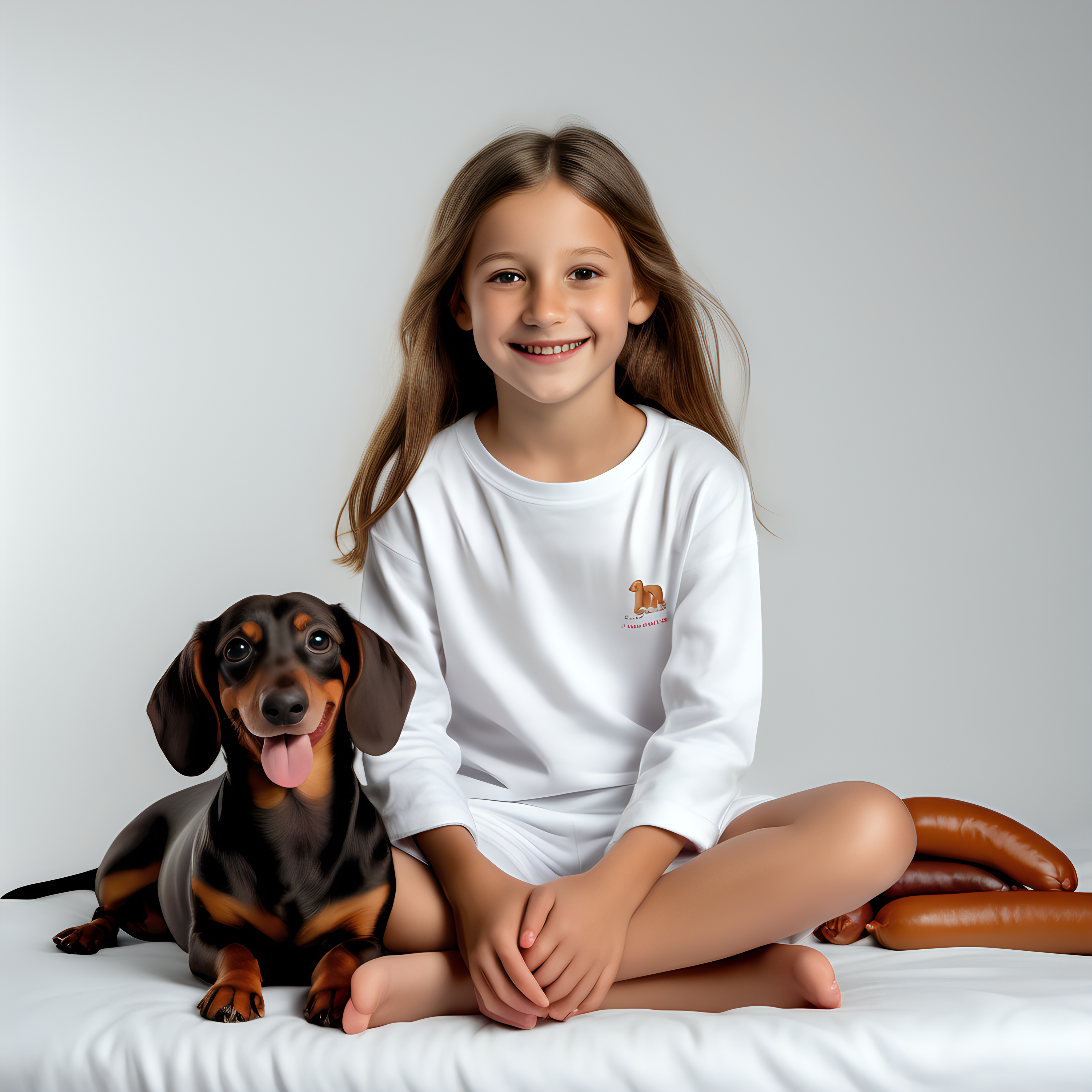 “Perfect Facial Features photo of a smiling 10 year old girl sitting  in  white cotton tshirt pyjama with no print, long  tight cuff sleeves, loose long pants) ,surrounded by wienerdogs, no background, hyper realistic, ideal face template, HD, happy, Fujifilm X-T3, 1/1250sec at f/2.8, ISO 160, 84mm”