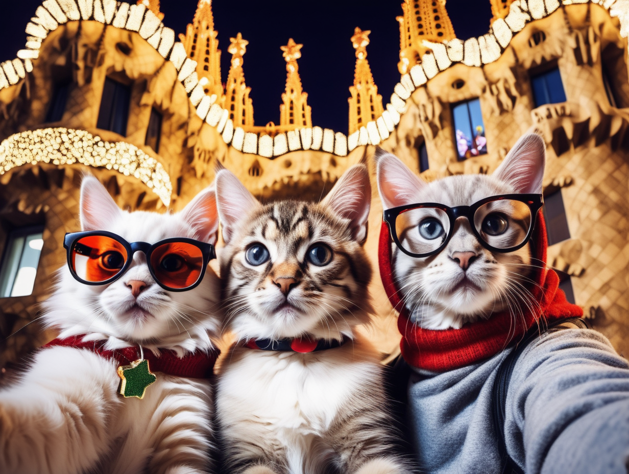 christmas eve christmas lights two kittens without classes, one big  cat with thick glasses on Barcelona in Gaudi style no people  making selfie
