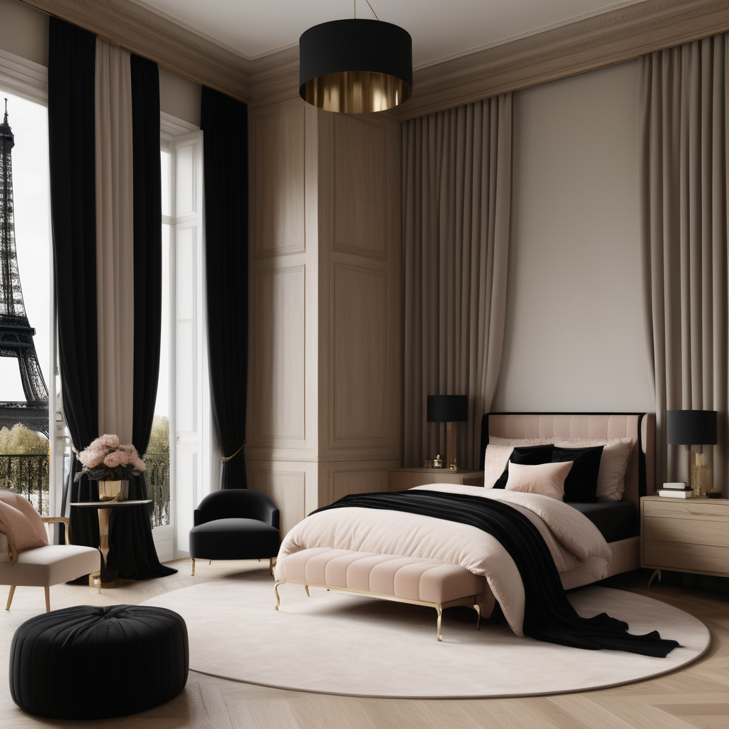 A hyperrealistic image of a grand, Modern Parisian, feminine, elegant, childrens bedroom with curtains,  in a beige oak brass and black colour palette with floor to ceiling windows 