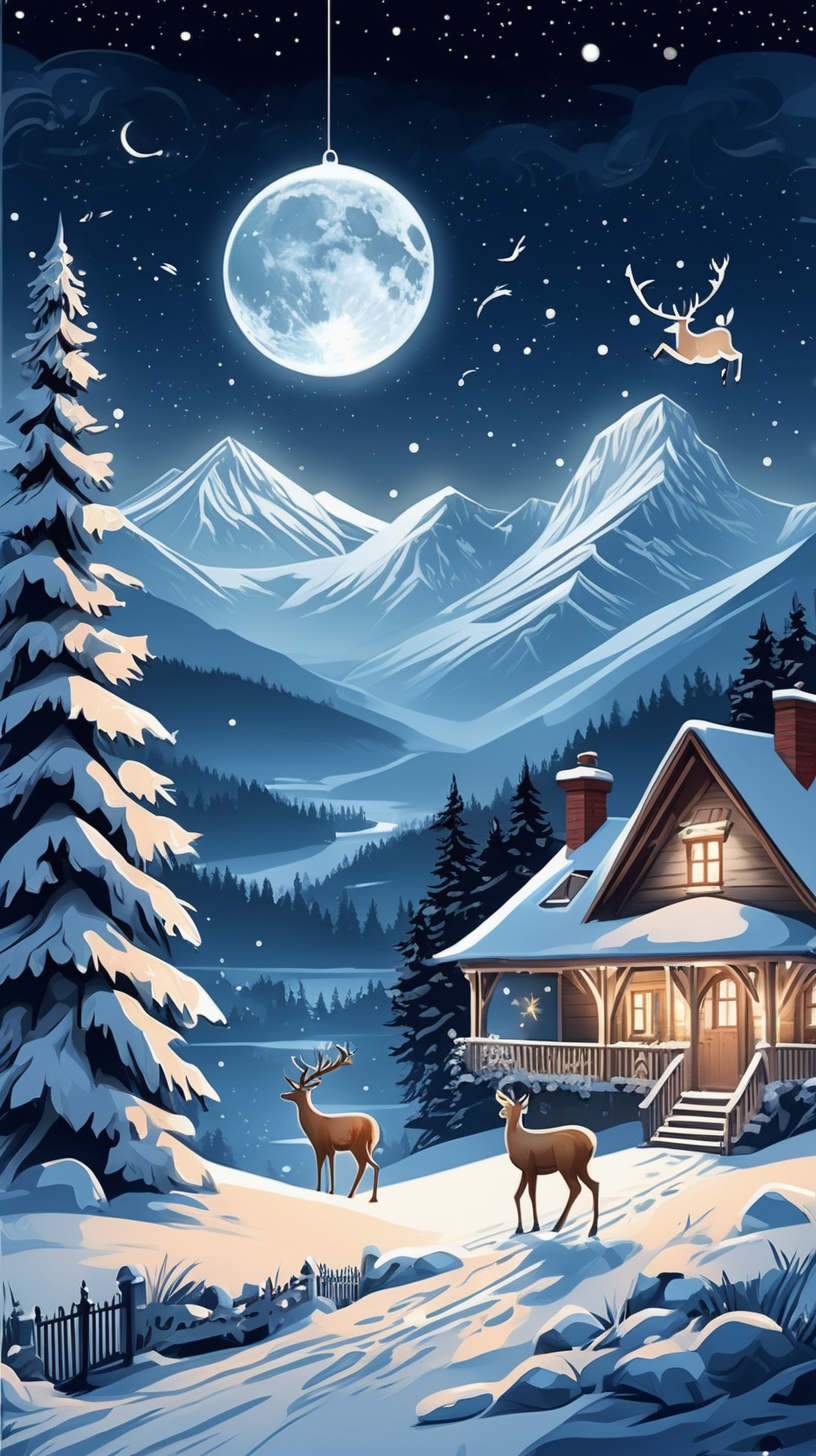 Christmas motif which includes snowy mountains a falling