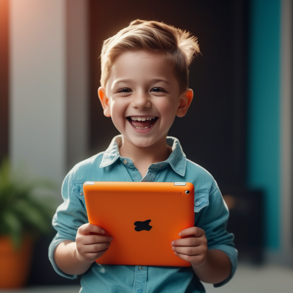 Professional cinematic shoot of a kid holding an iPad. Scene has joyfull colors and the kid is happily smiling. Realistic