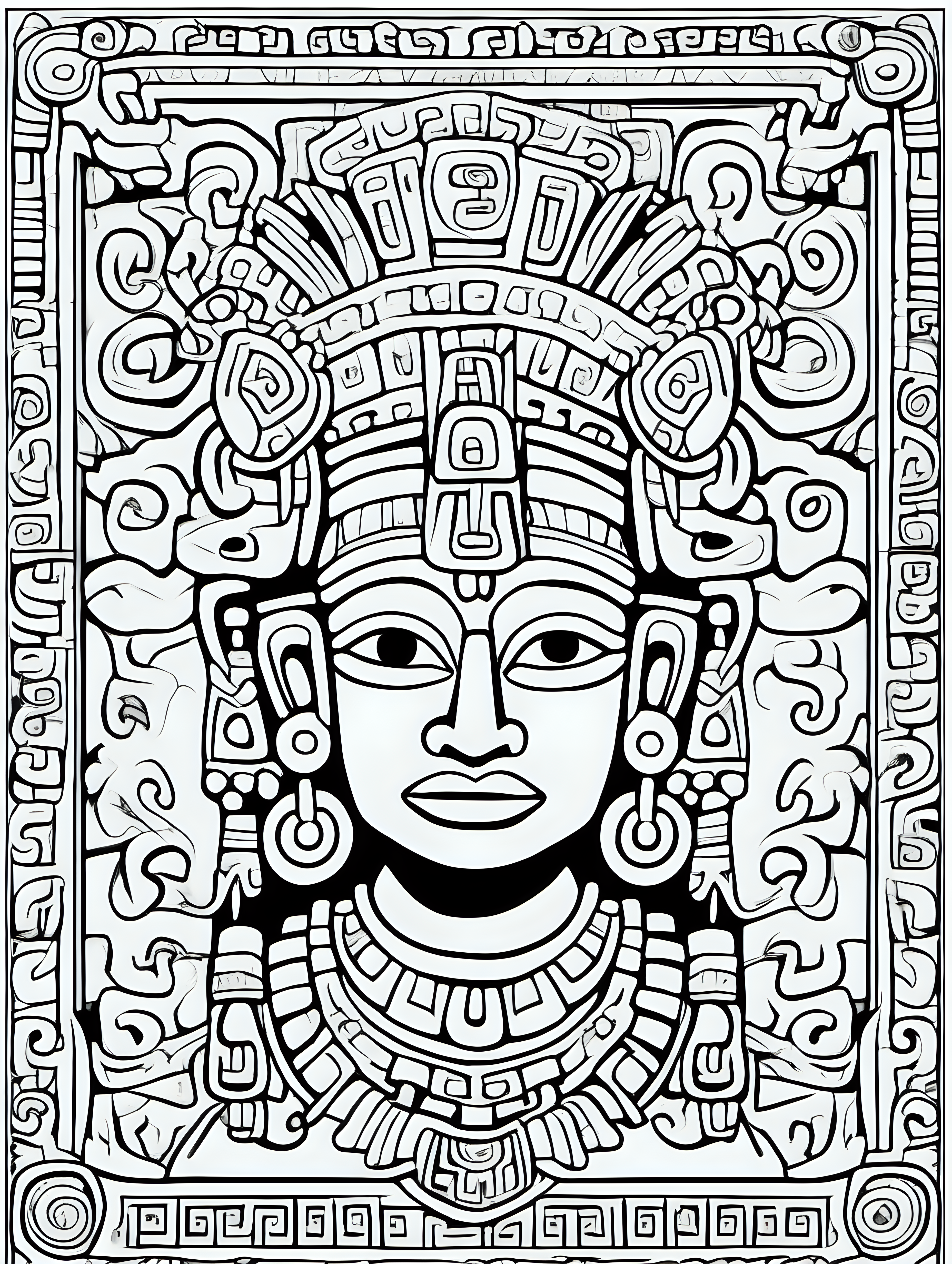 mayan art,coloring page, simple draw, vivid colors, 