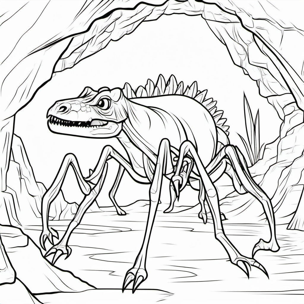 A dinosaur spider, in a cave, coloring book pages