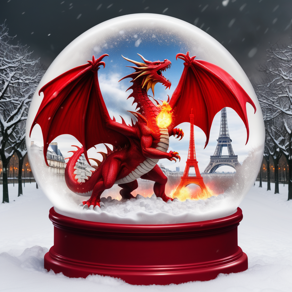 red 2 headed fire breathing dragon destroying Paris in a snow globe