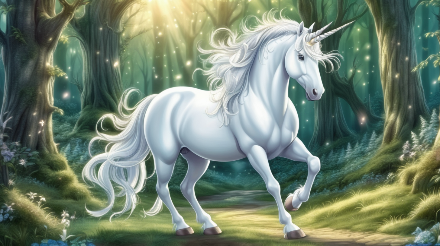 a beautiful majestic white unicorn strolling through an enchanted forest. He is was the guardian of dreams and the keeper of bedtime magic. in cartoon anime style