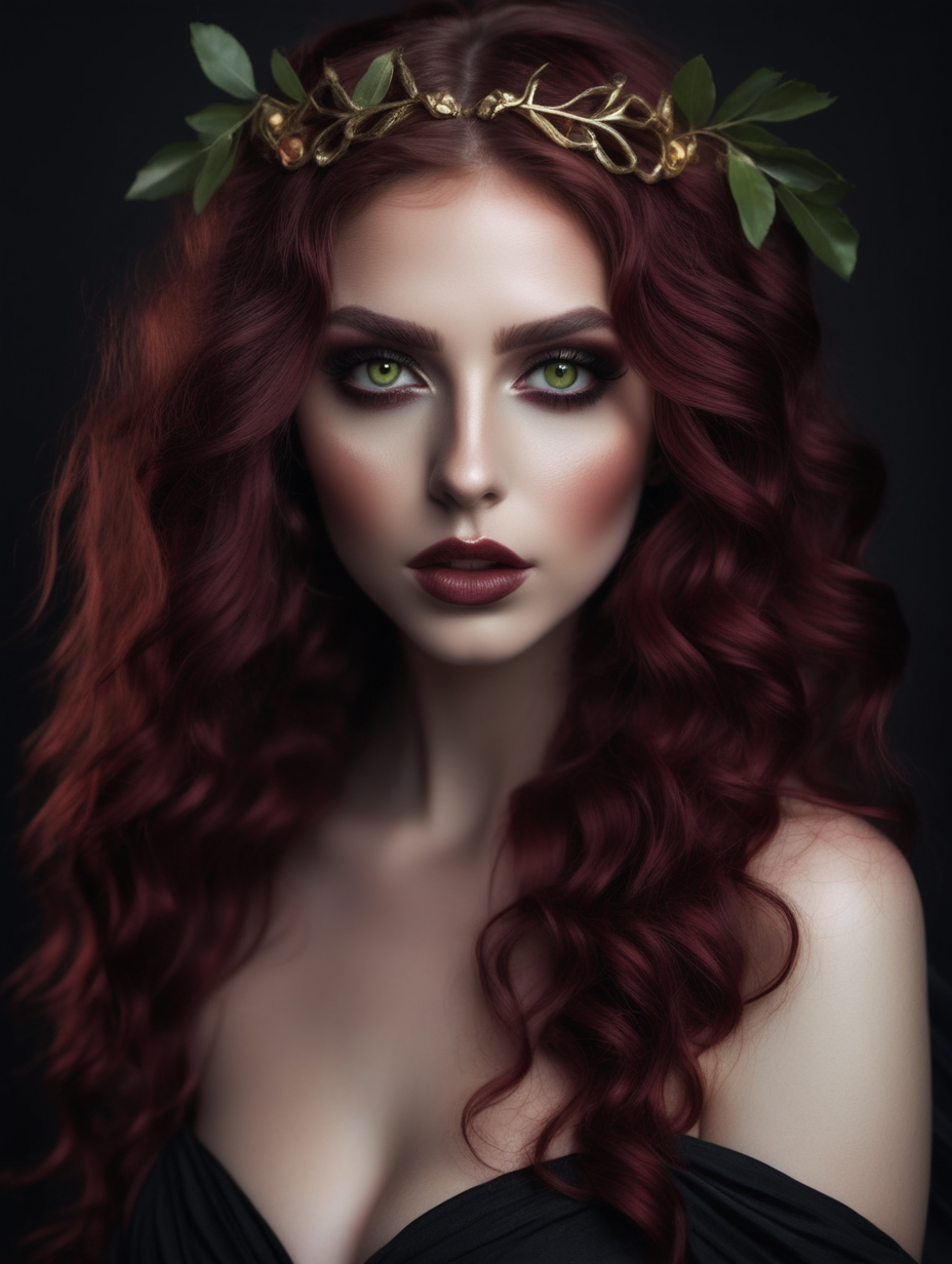 a very beautiful woman
wavy maroon hair
pomegranates
heart shaped face
lips
light olive colored eyes
in the dark underworld
wearing a sexy black toga
greek goddess 
light makeup