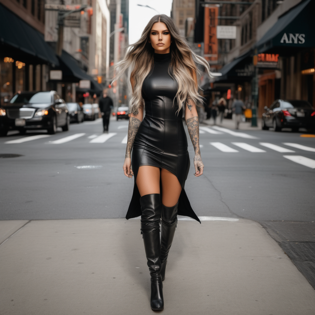 tattooed hair model in balayage highlighted long hair walking down Broadway in upscale black attire with leather thigh high boots 