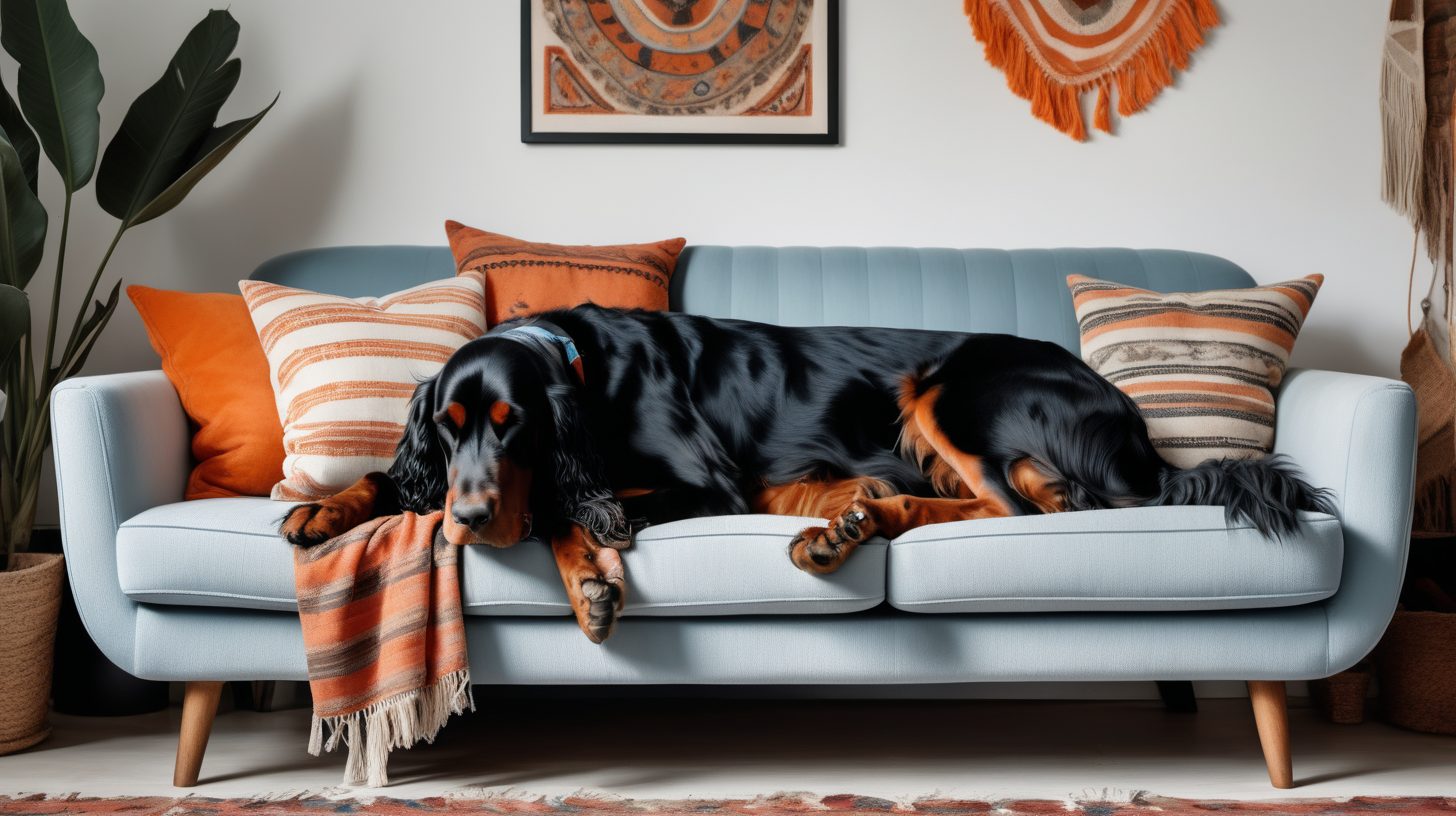 picture of Gordon setter sleeping on a light blue sofa in a boho room with two cats playing around, one tricolor black, white, orange and second one in grey stripes.