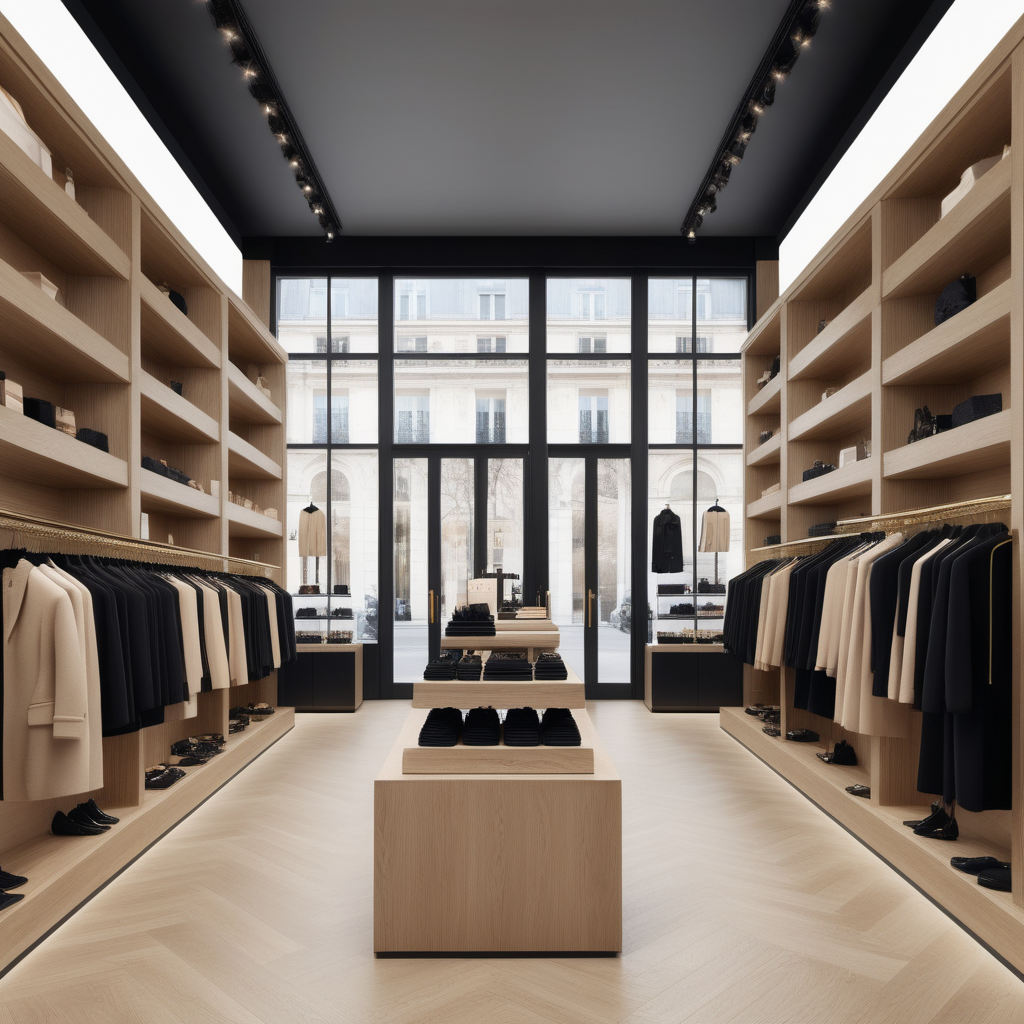 A hyperrealistic image a grand Modern Parisian concept store interior  in a beige oak brass and black colour palette with floor to ceiling windows and, shelves and displays stocked with beautiful elegant clothing and accessories and beauty supplies