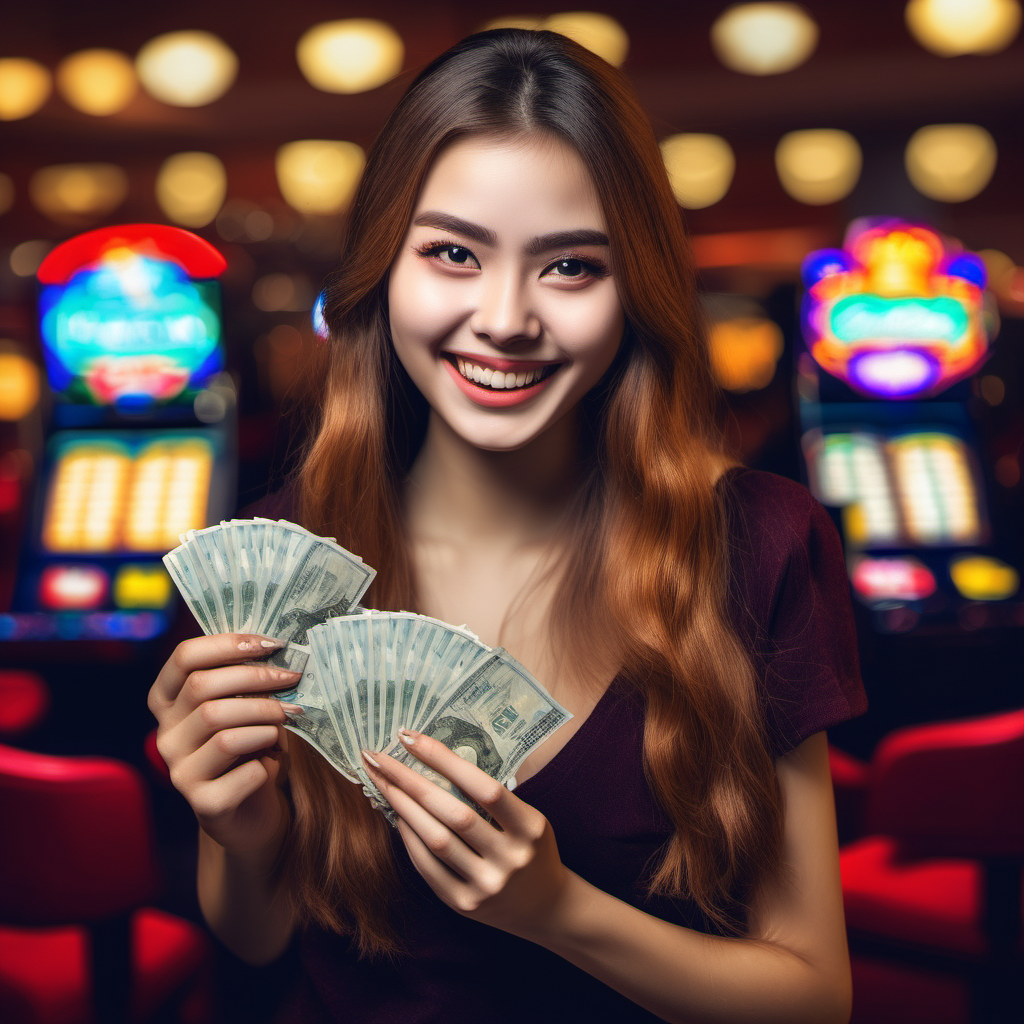 A girl with WAO expression, looking happy holding cash on her hand in casino club