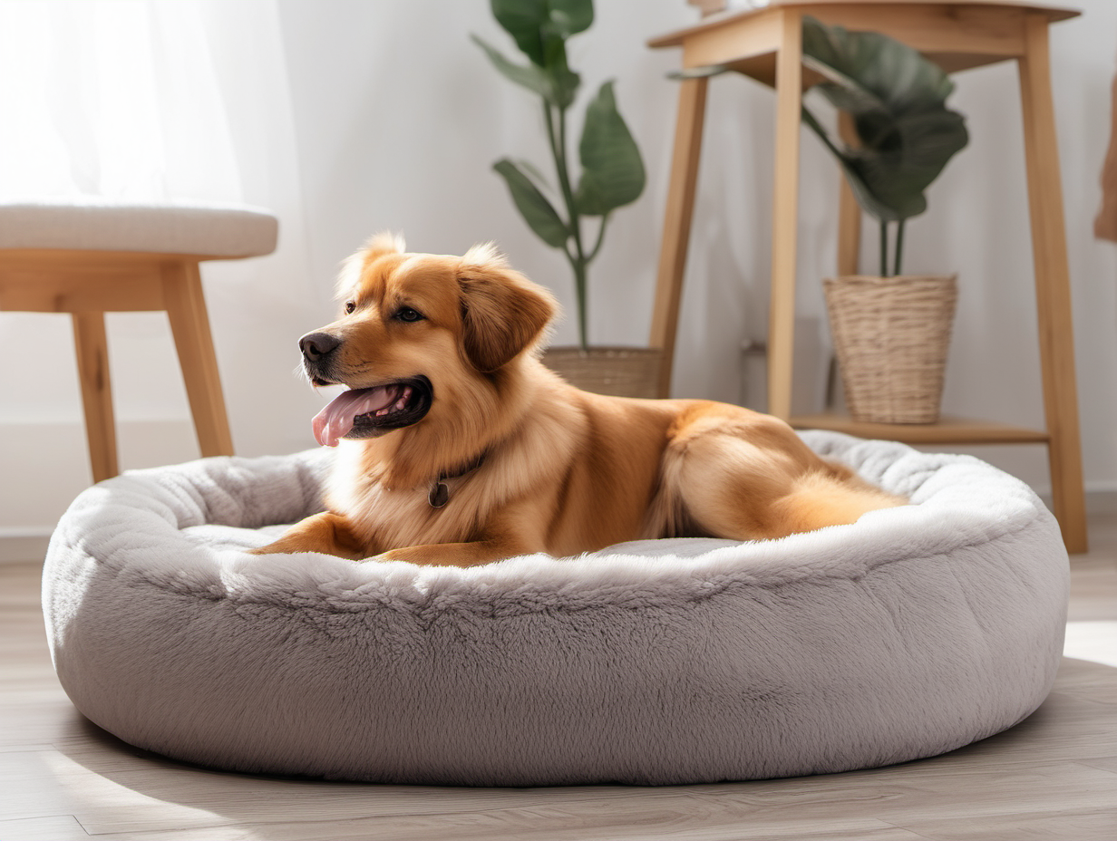 Create an image of a dog relaxing on the dog bed. The dog bed  type is round type, light grey color, fluffy. The dog is of a large size, looks happy and relaxed, with the tongue out, laying on the bed sideways to the camera, looking to the right, turned away from the camera. The color of dog is reddish brown. The dog bed is placed on the floor in the room. The room is lit with sunlight..