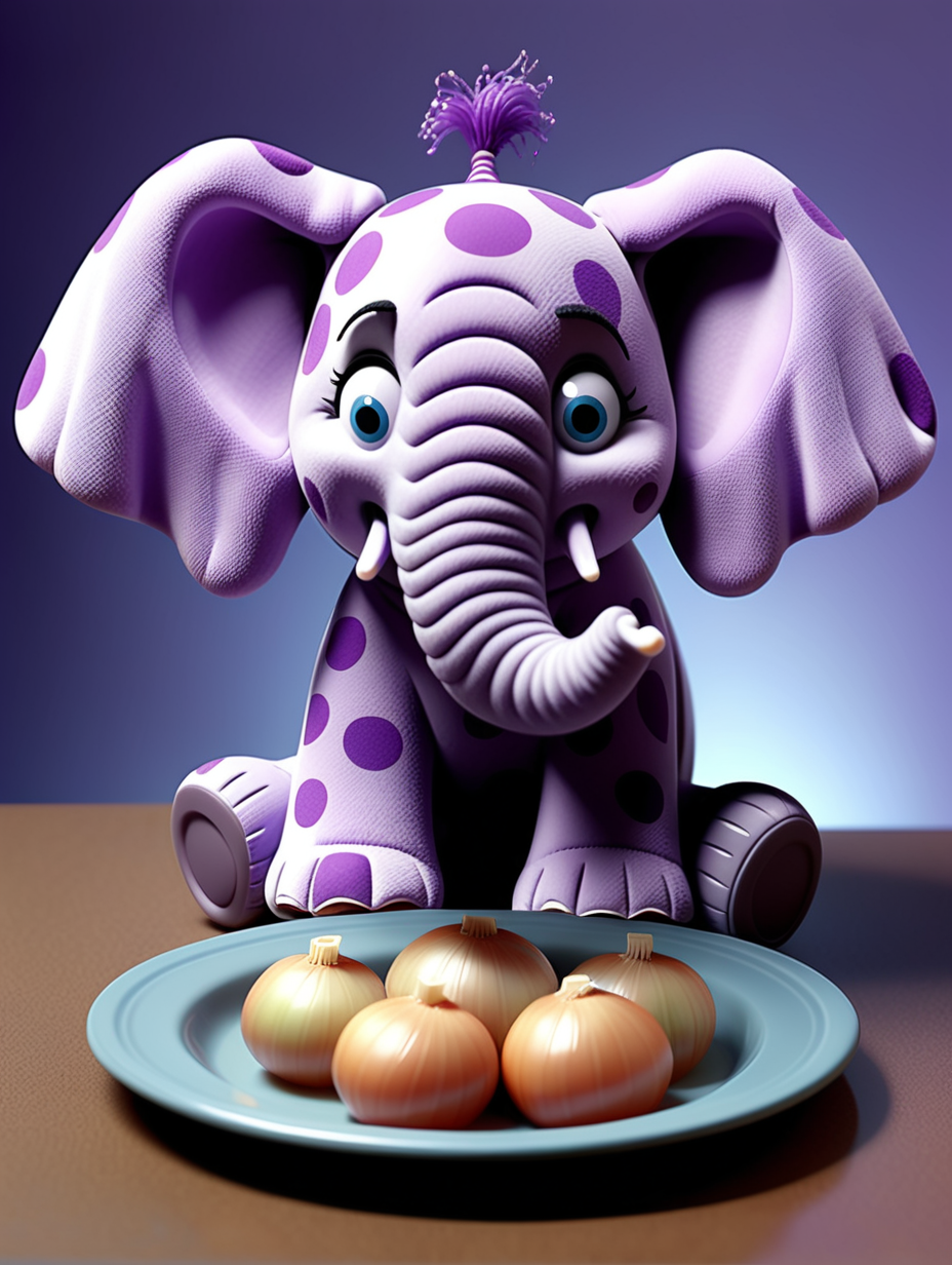 purple spotted elephant stuffed cuddle toy, full body, with a very sad face frowning crying streams of tears; a plate of liver and onions, pixar style animation
