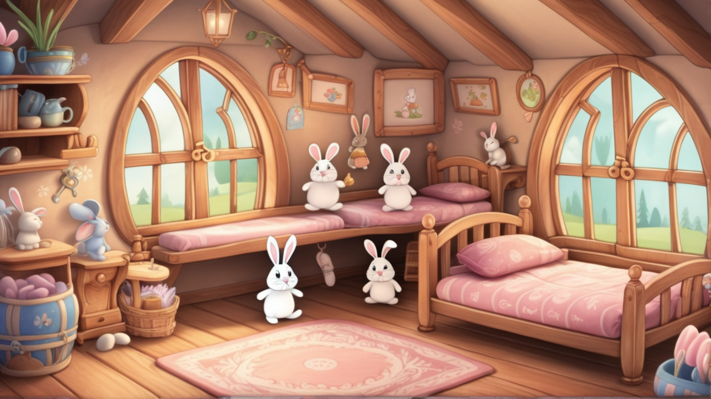 the inside of a bunny home warm and cozy with a beds in cartoon storybook fairytale style